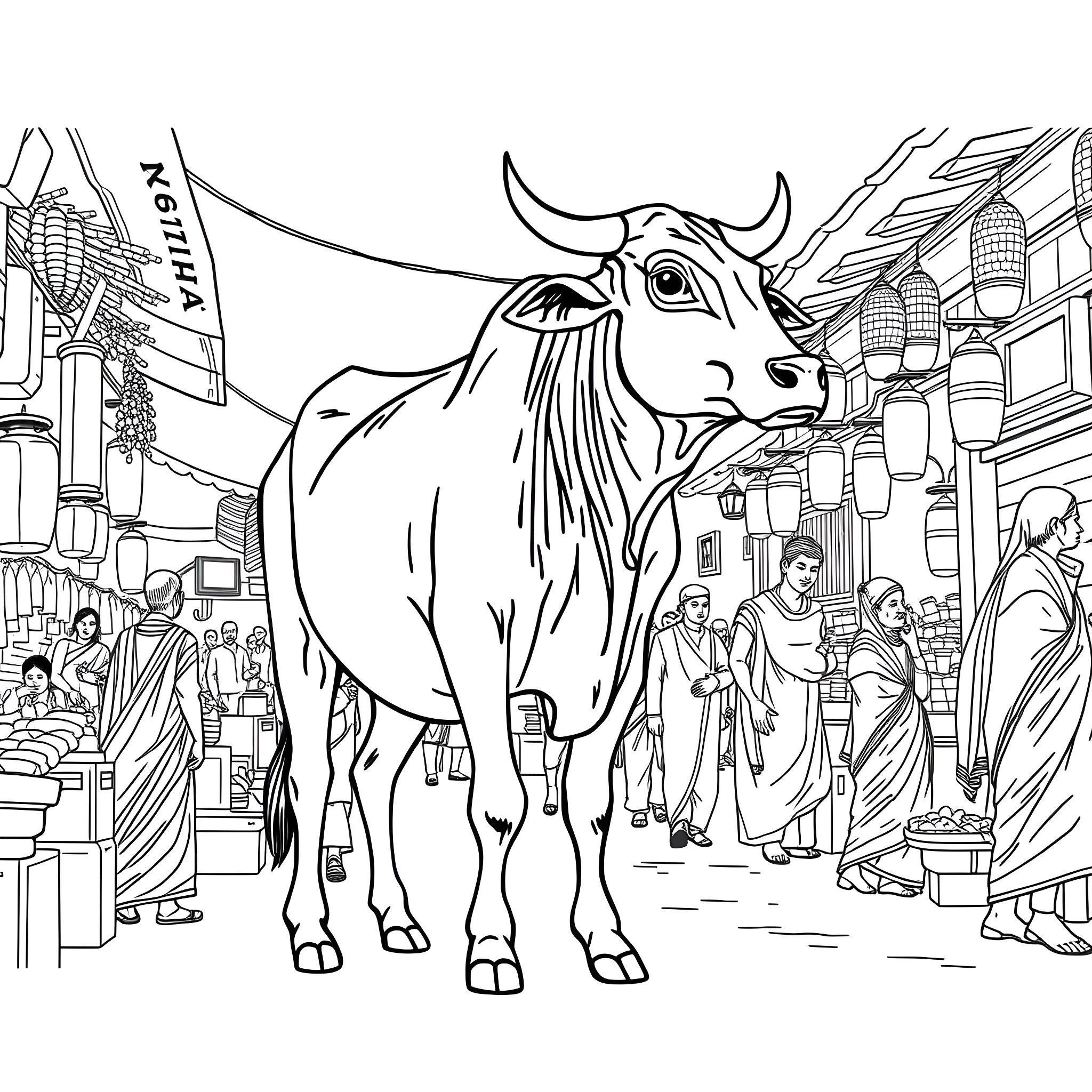 Cow in a bustling city market Coloring Page (free black-and-white line drawing printable PDF for all, from beginners to advanced learners, including children, teens, adults, and seniors)