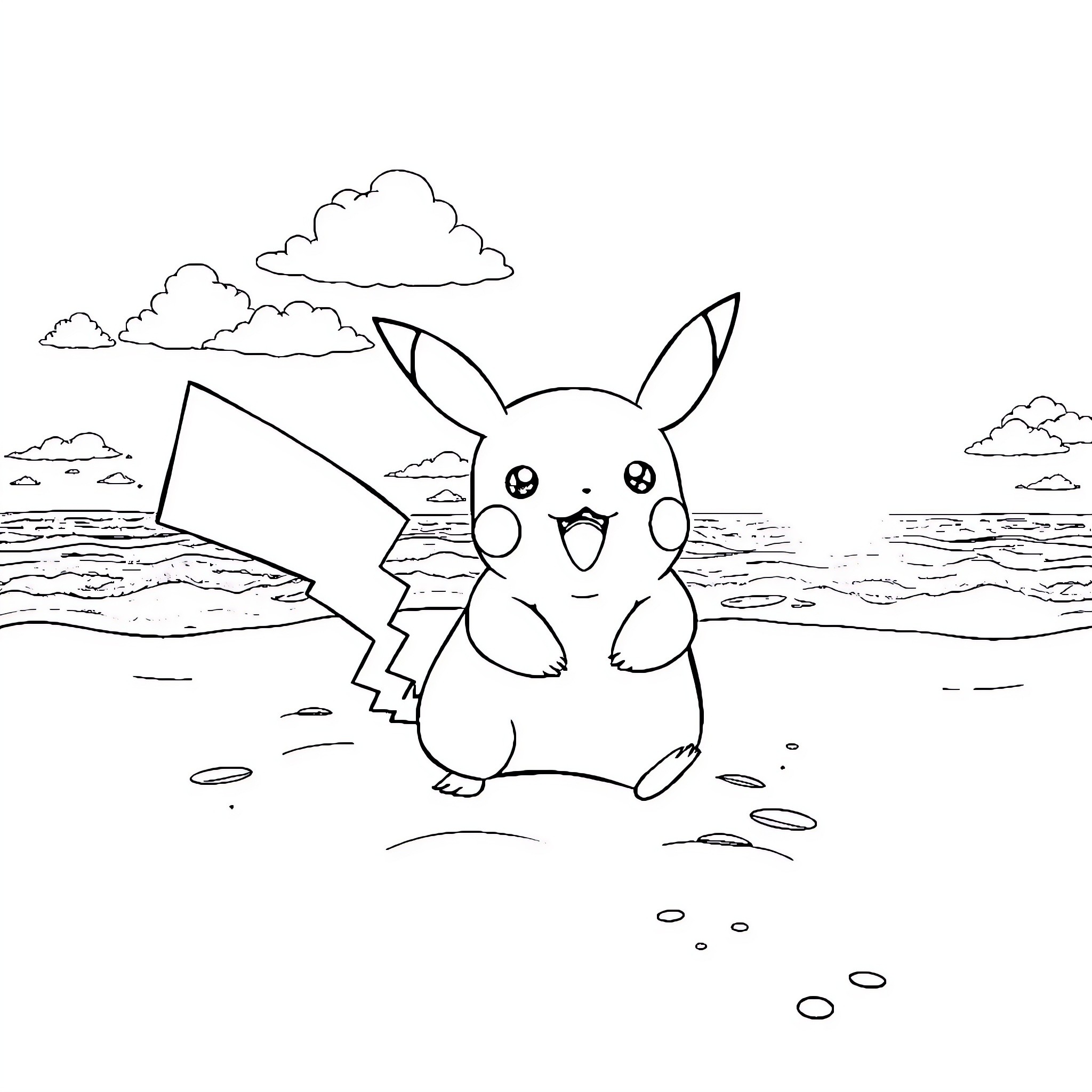 Pikachu playing happily on the beach Coloring Page (free black-and-white line drawing printable PDF for all, from beginners to advanced learners, including children, teens, adults, and seniors)