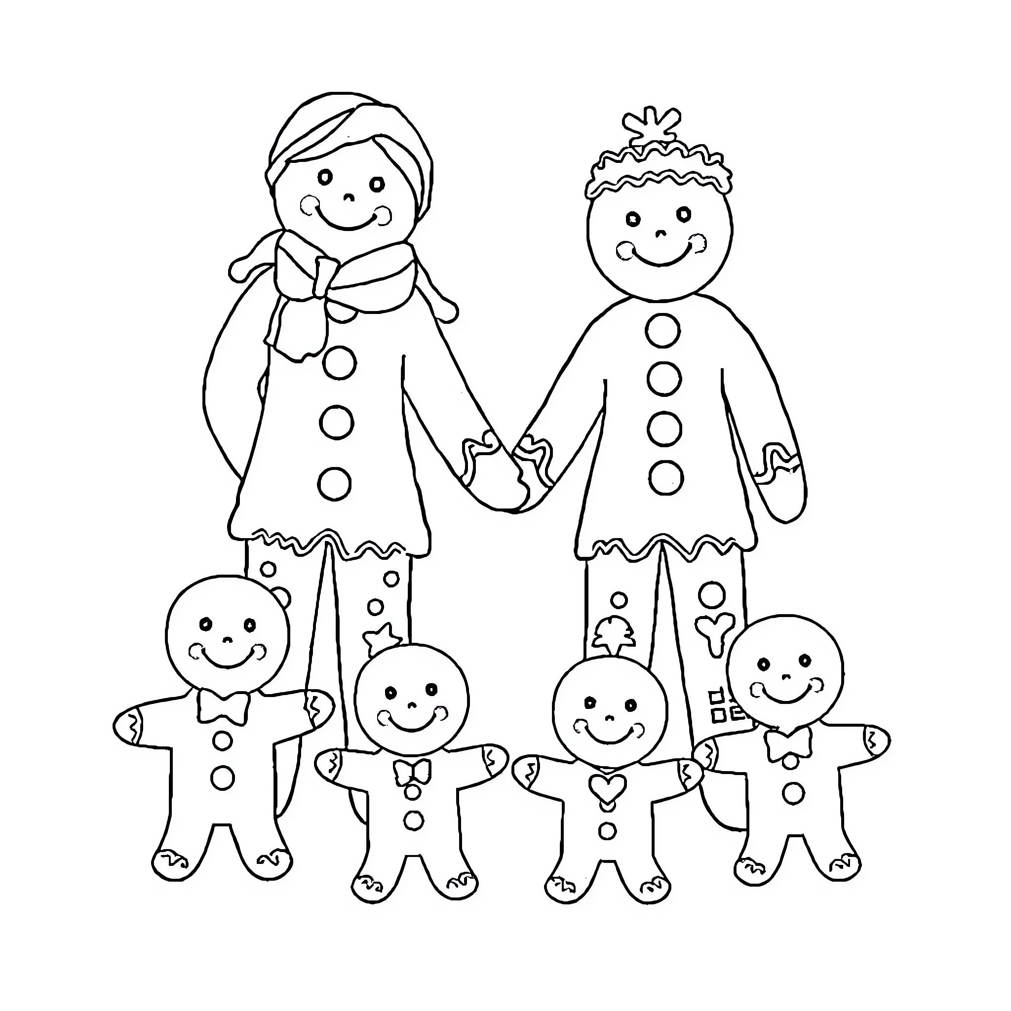 Gingerbread Family Happily Gathered Together Coloring Page (free black-and-white line drawing printable PDF for all, from beginners to advanced learners, including children, teens, adults, and seniors)