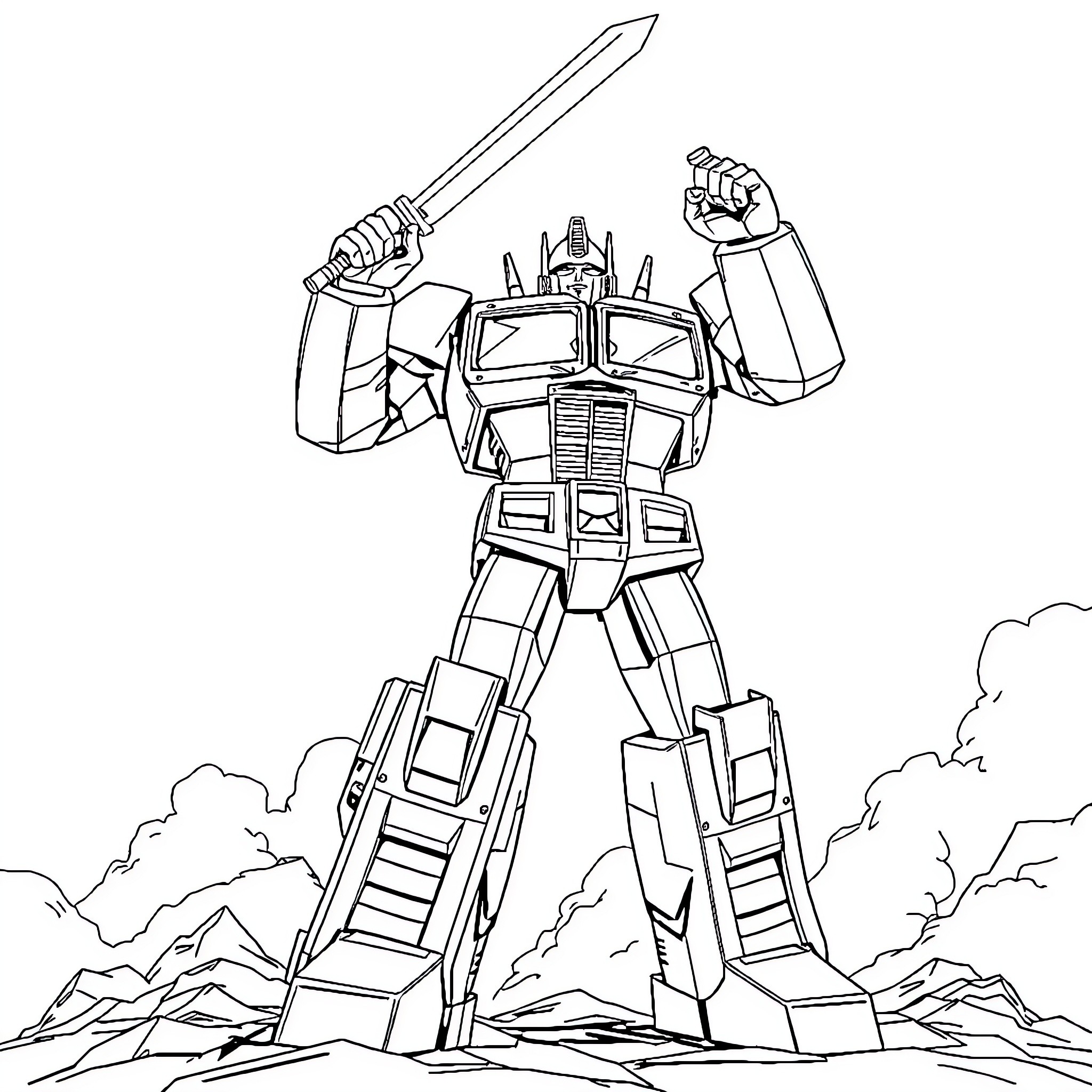Optimus Prime battling with sword and fist Coloring Page (free black-and-white line drawing printable PDF for all, from beginners to advanced learners, including children, teens, adults, and seniors)