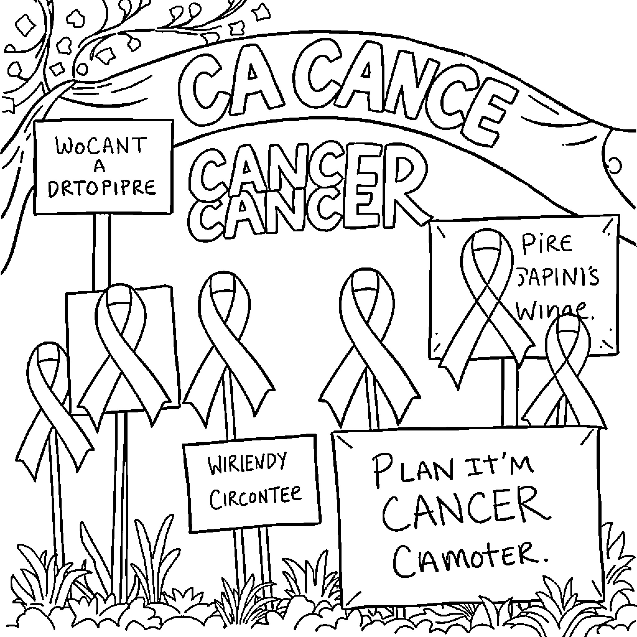 Breast Cancer Awareness: Protest against cancer Coloring Page (free black-and-white line drawing printable PDF for all, from beginners to advanced learners, including children, teens, adults, and seniors)