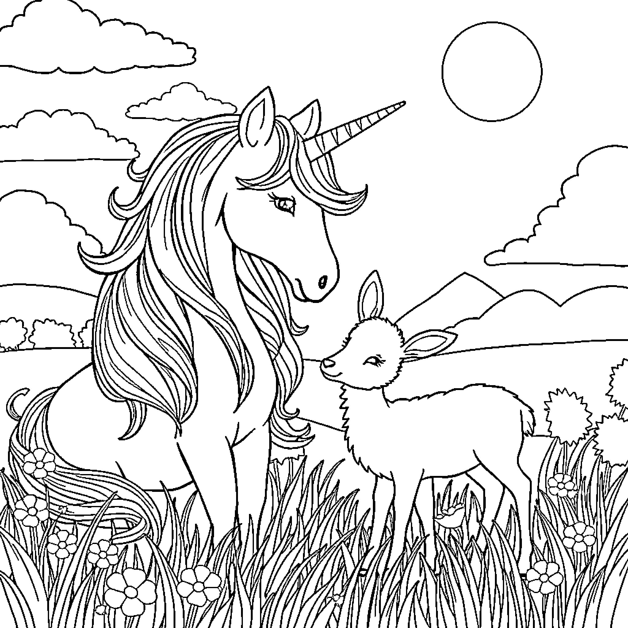 Unicorn and Fawn Enjoying Peaceful Landscape Coloring Page (free black-and-white line drawing printable PDF for all, from beginners to advanced learners, including children, teens, adults, and seniors)