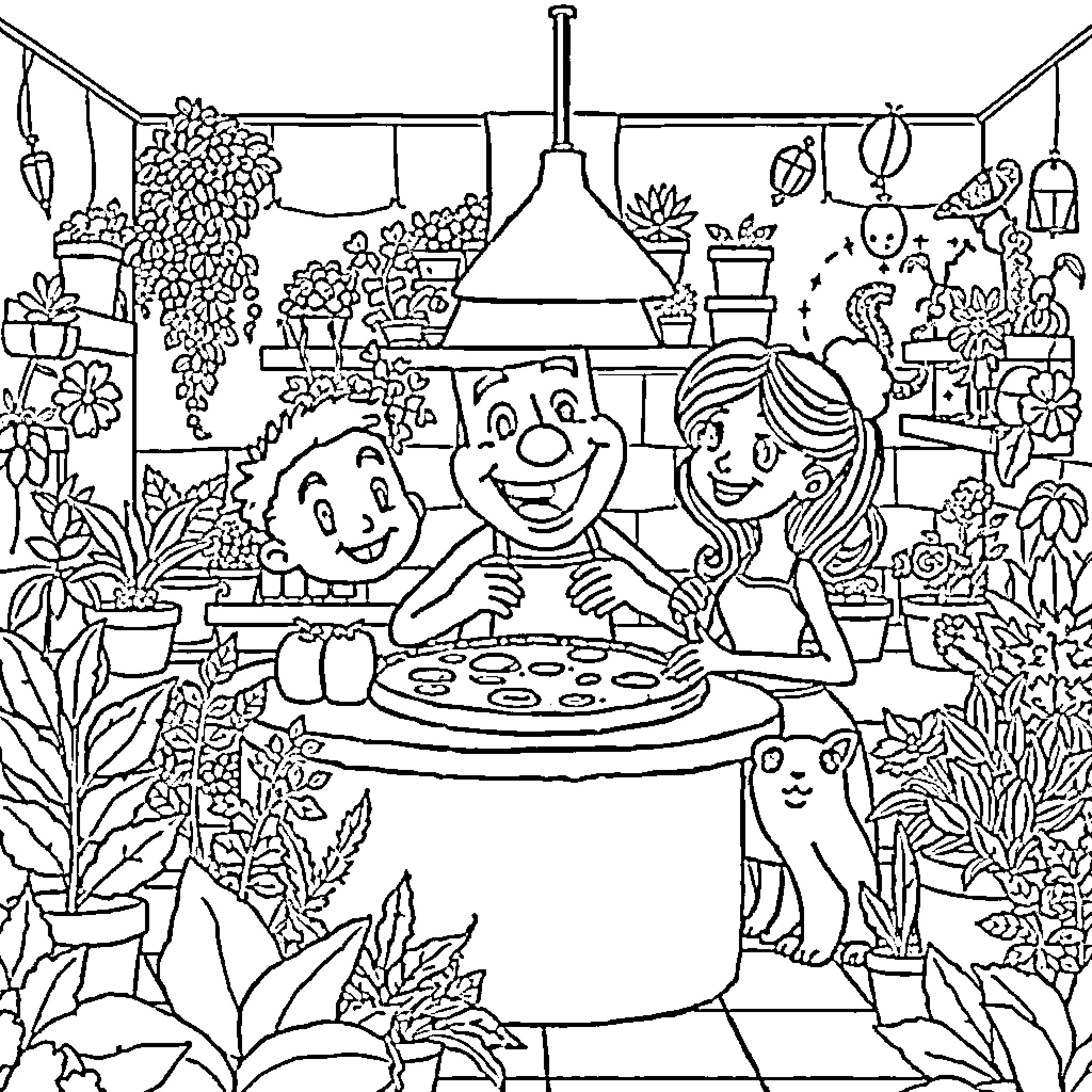 Hipopotamo Family Baking Cookies in a Cozy Kitchen Coloring Page (free black-and-white line drawing printable PDF for all, from beginners to advanced learners, including children, teens, adults, and seniors)