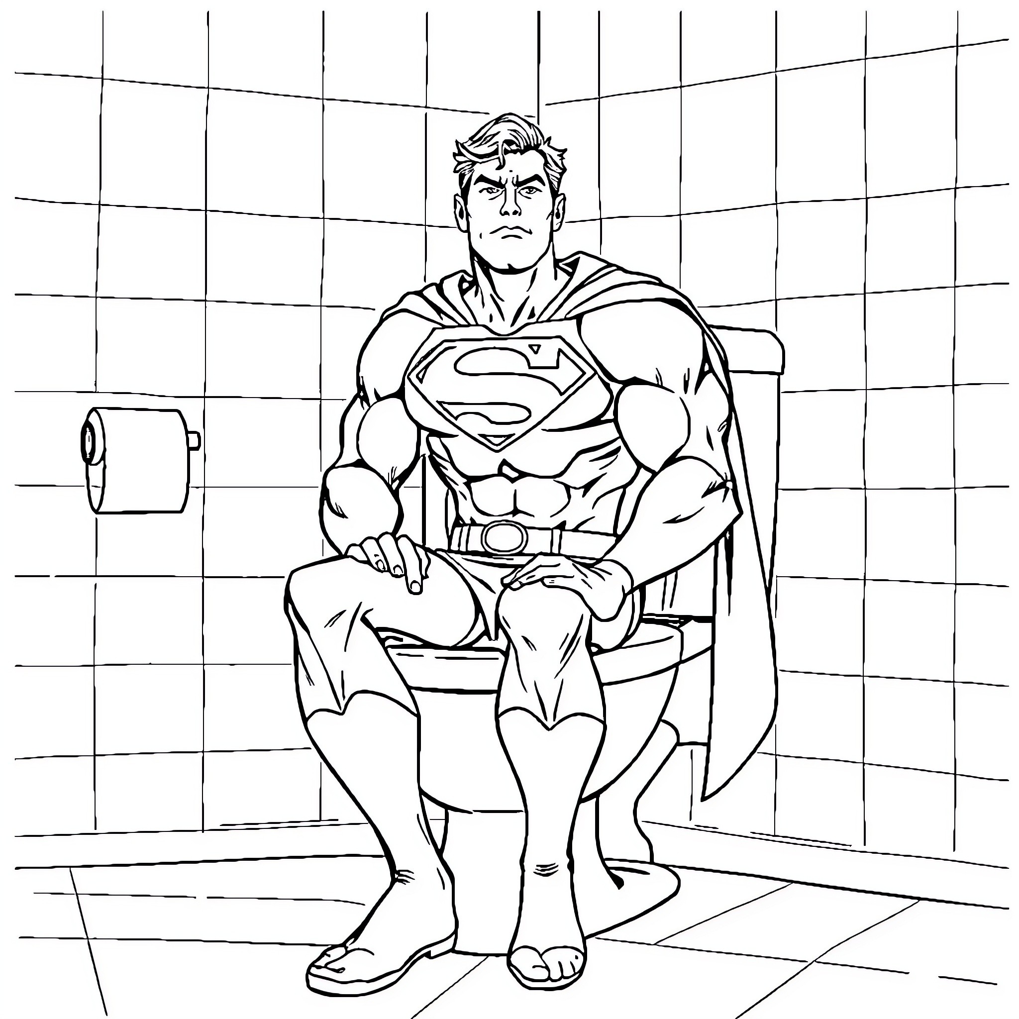 Superman sitting confidently in a bathroom Coloring Page (free black-and-white line drawing printable PDF for all, from beginners to advanced learners, including children, teens, adults, and seniors)