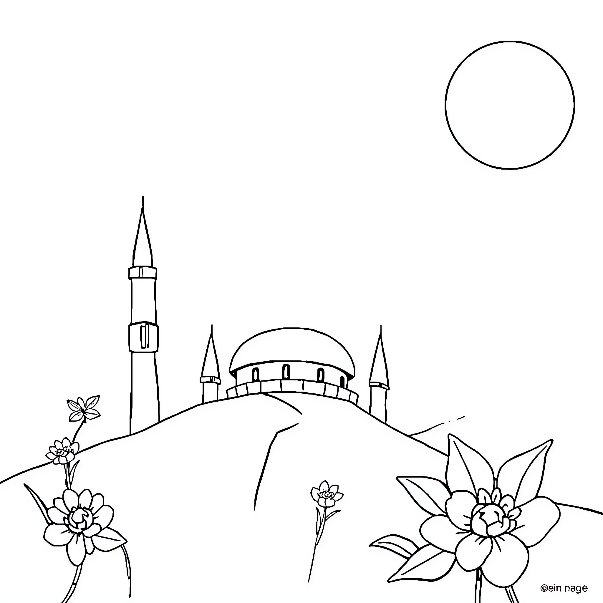 Rashida's Magical Journey Through a Whimsical Landscape Coloring Page (free black-and-white line drawing printable PDF for all, from beginners to advanced learners, including children, teens, adults, and seniors)