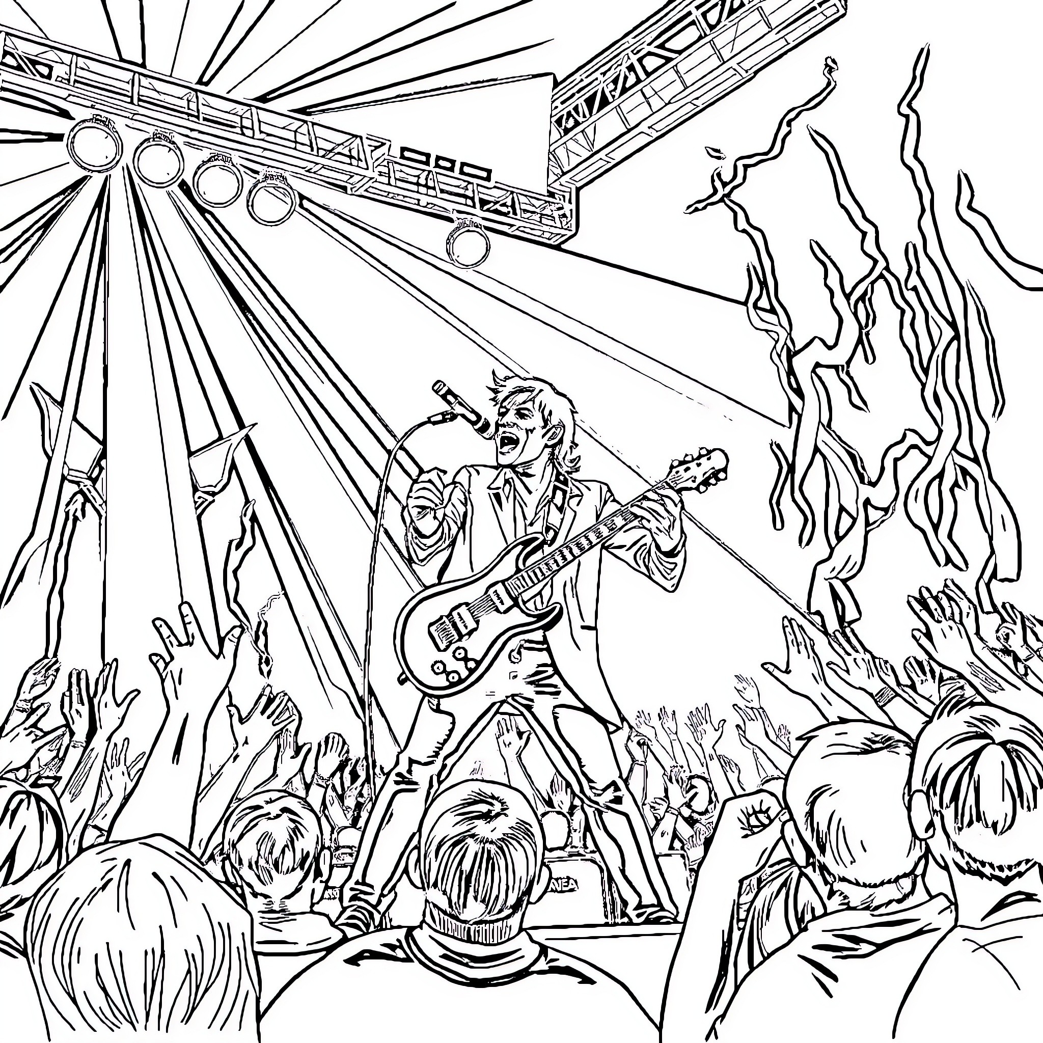 John Dante's Electrifying Rock Concert Performance Coloring Page (free black-and-white line drawing printable PDF for all, from beginners to advanced learners, including children, teens, adults, and seniors)