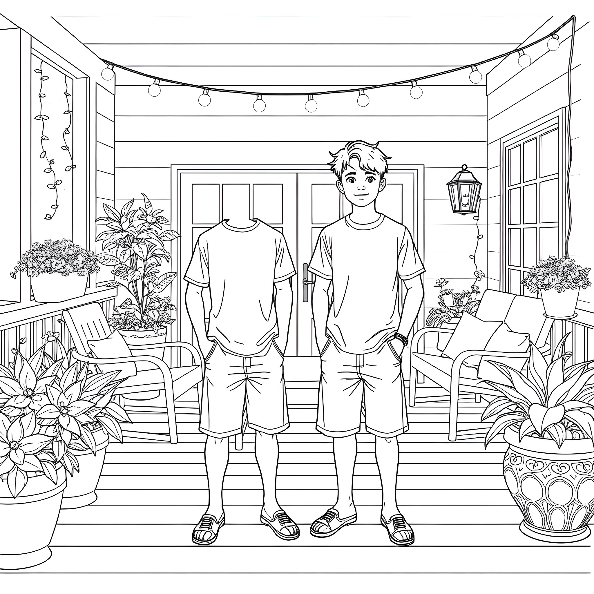 Teen Guy lounging on the porch with string lights Coloring Page (free black-and-white line drawing printable PDF for all, from beginners to advanced learners, including children, teens, adults, and seniors)