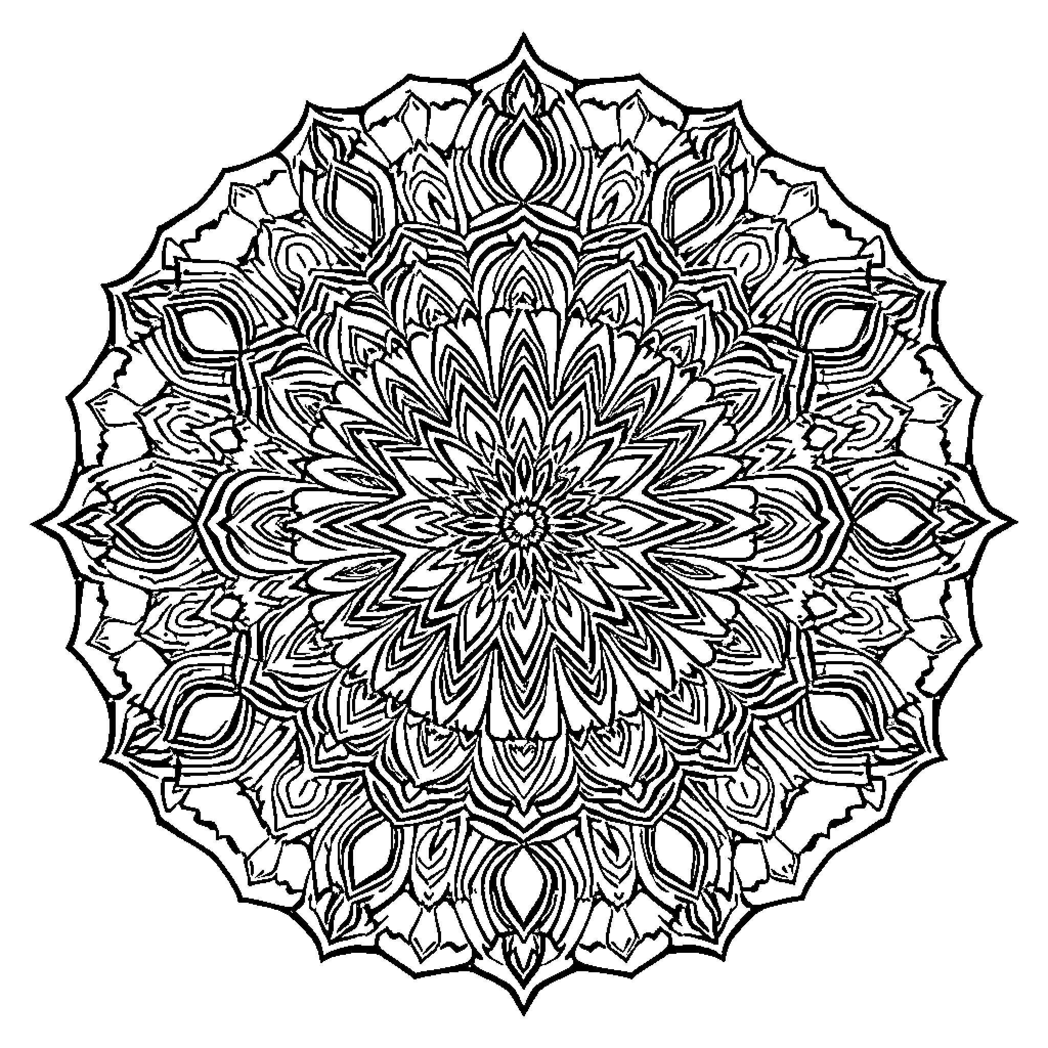 Mandalas with intricate floral designs Coloring Page (free black-and-white line drawing printable PDF for all, from beginners to advanced learners, including children, teens, adults, and seniors)