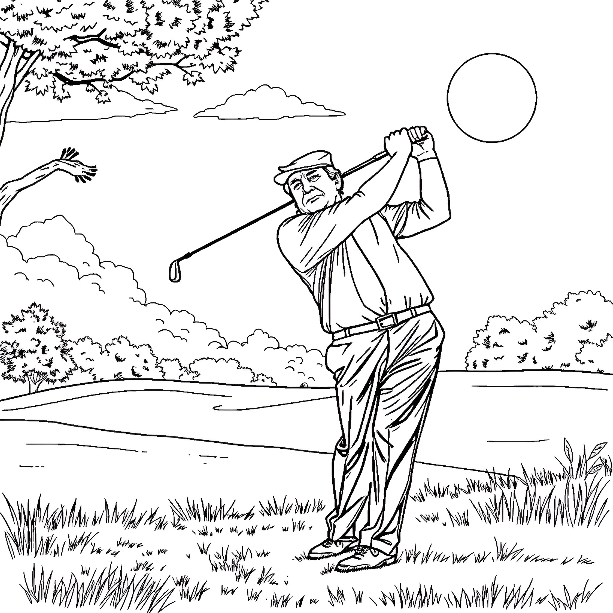 Trump golfing in a serene outdoor scene Coloring Page (free black-and-white line drawing printable PDF for all, from beginners to advanced learners, including children, teens, adults, and seniors)