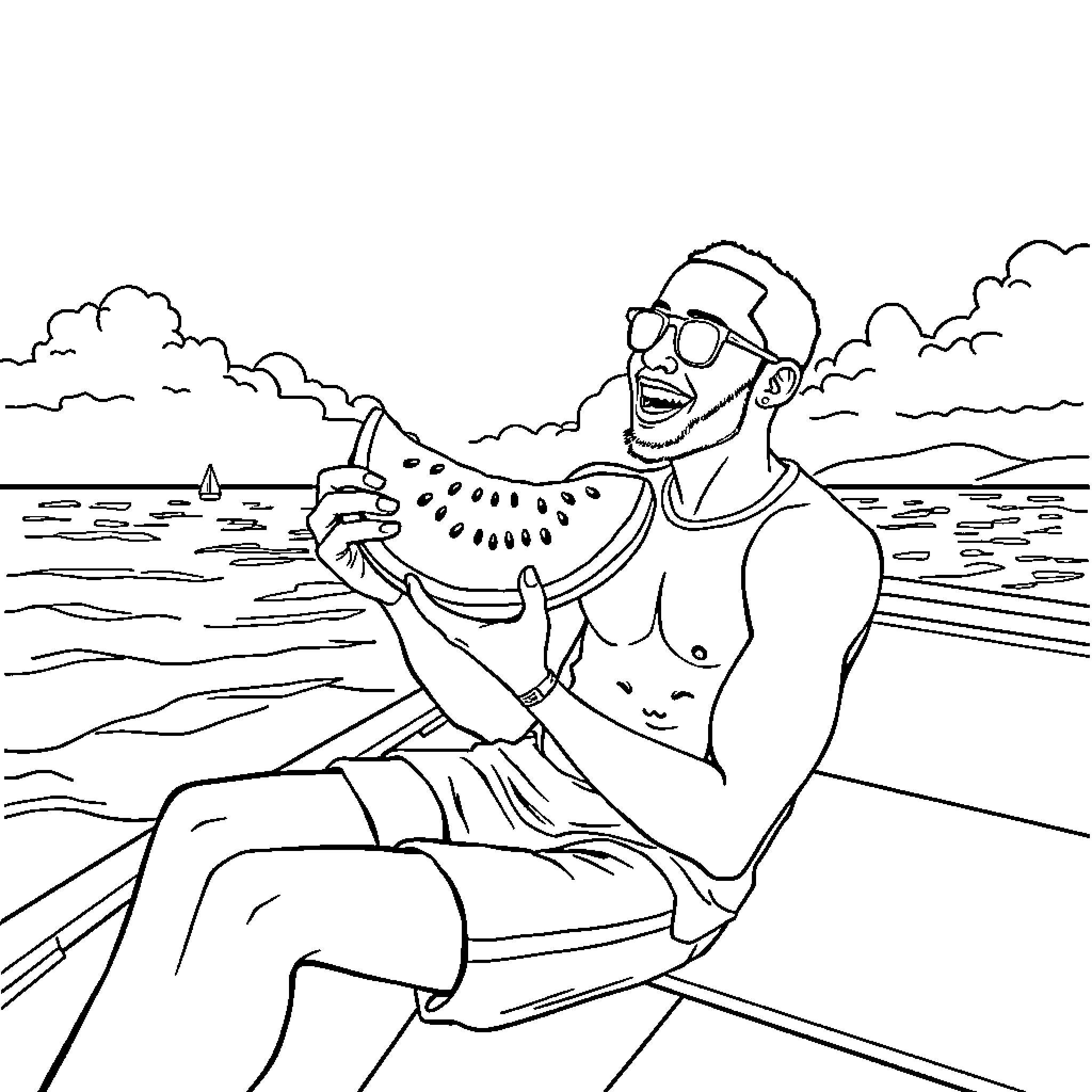 Jordan Clarkson enjoying a refreshing watermelon by the beach Coloring Page (free black-and-white line drawing printable PDF for all, from beginners to advanced learners, including children, teens, adults, and seniors)