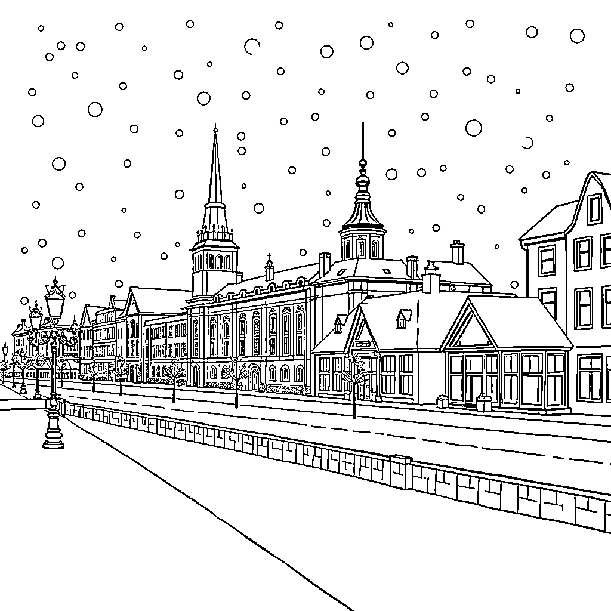 Kingston upon Hull: Snowy City Skyline with Historic Buildings Coloring Page (free black-and-white line drawing printable PDF for all, from beginners to advanced learners, including children, teens, adults, and seniors)