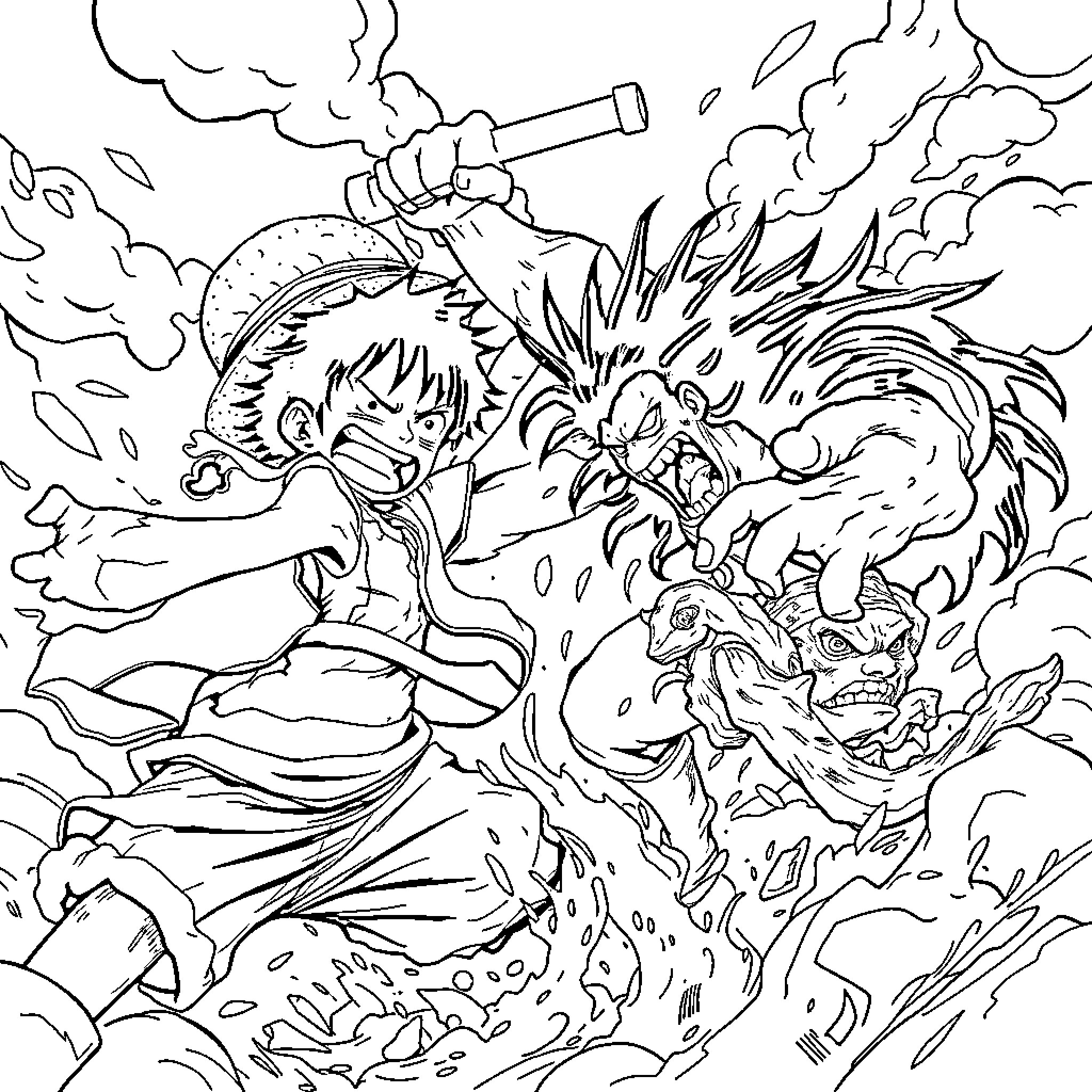 Luffy's Fierce Battle Against a Monstrous Foe Coloring Page (free black-and-white line drawing printable PDF for all, from beginners to advanced learners, including children, teens, adults, and seniors)
