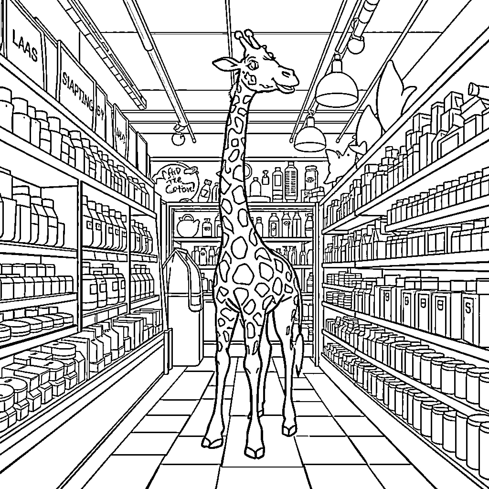 Giraffe browsing through a grocery store aisle Coloring Page (free black-and-white line drawing printable PDF for all, from beginners to advanced learners, including children, teens, adults, and seniors)