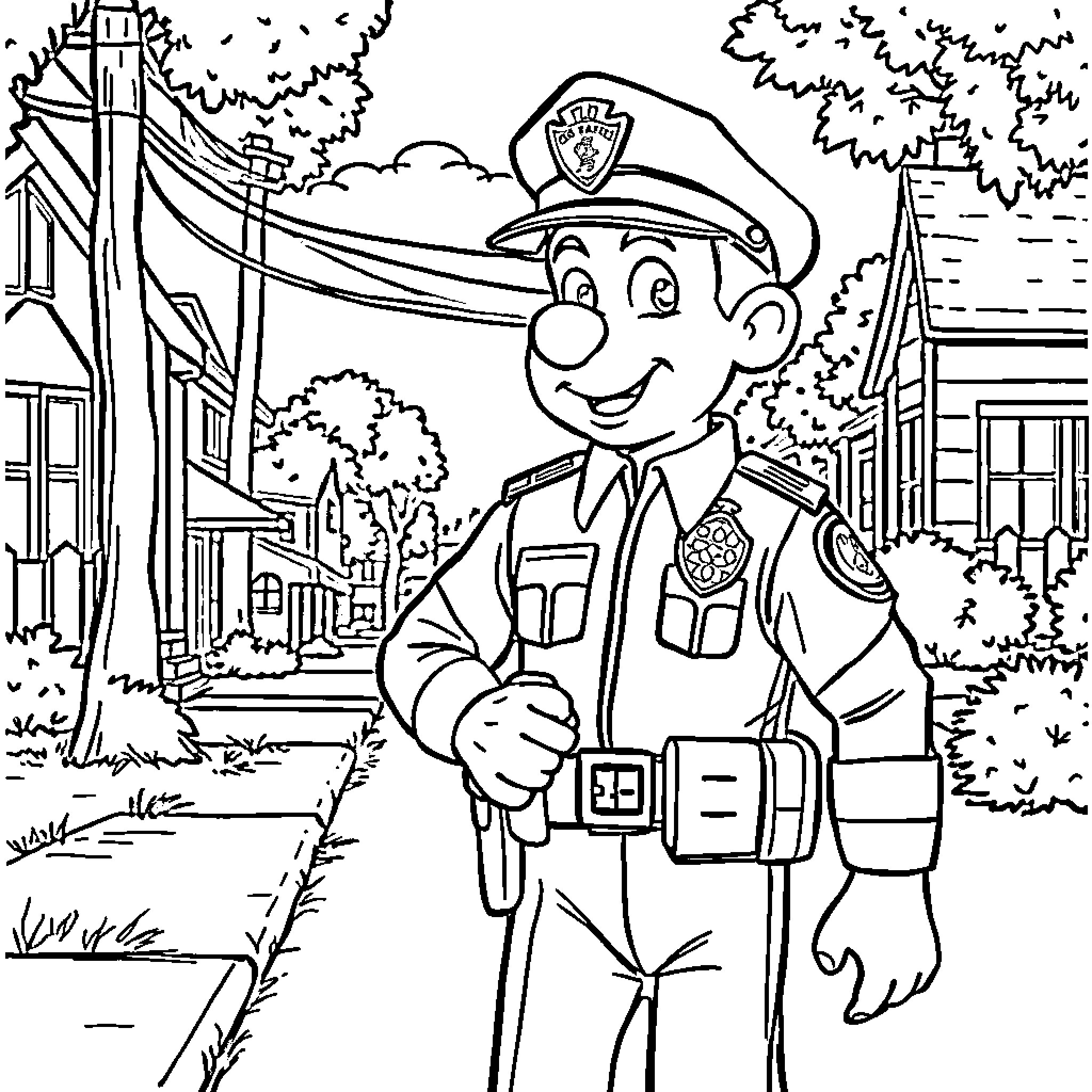 Pat, the Friendly Police Officer Coloring Page (free black-and-white line drawing printable PDF for all, from beginners to advanced learners, including children, teens, adults, and seniors)