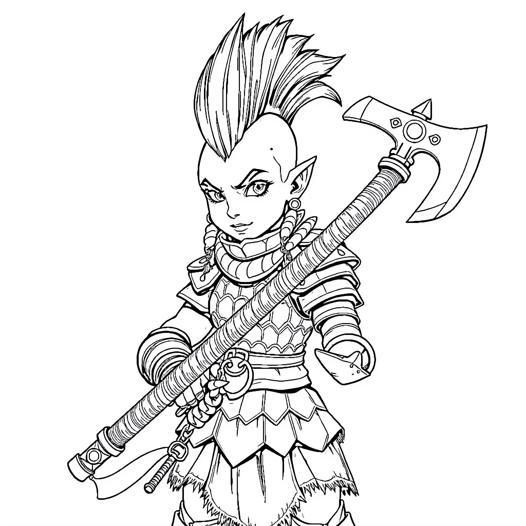 Halfling warrior wielding a mighty axe Coloring Page (free black-and-white line drawing printable PDF for all, from beginners to advanced learners, including children, teens, adults, and seniors)