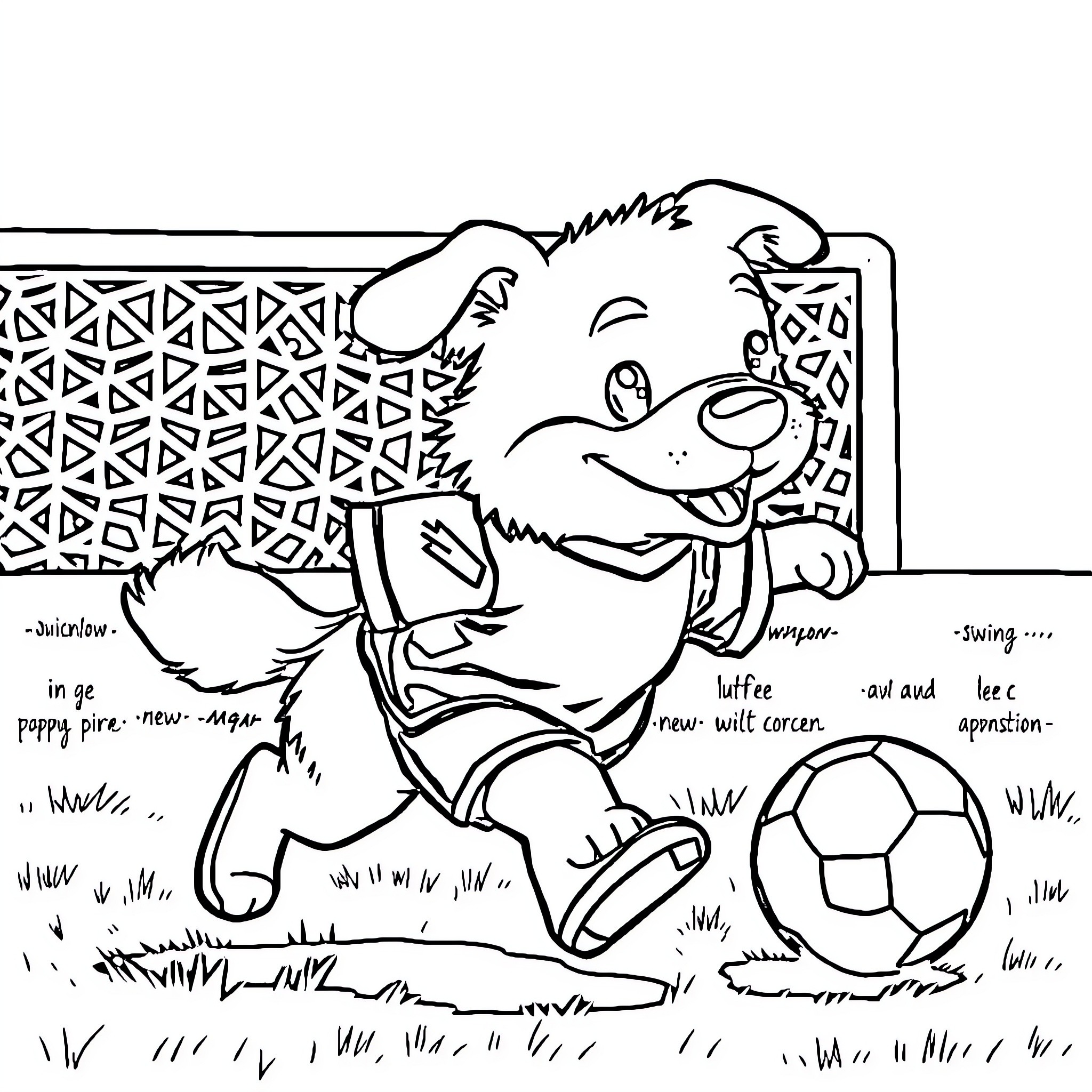 Dog playing with soccer ball on the field Coloring Page (free black-and-white line drawing printable PDF for all, from beginners to advanced learners, including children, teens, adults, and seniors)