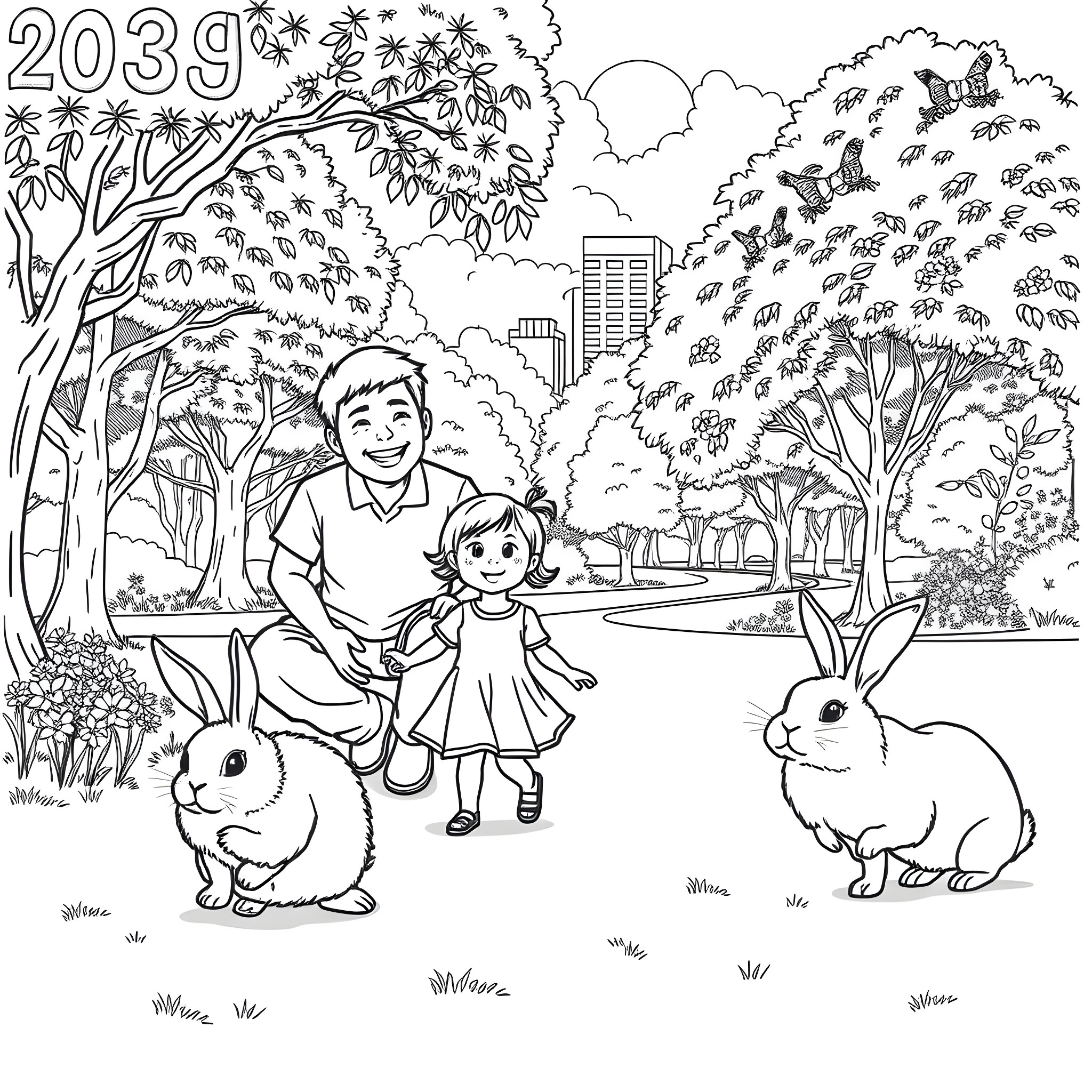 Couple and children enjoying nature in the park Coloring Page (free black-and-white line drawing printable PDF for all, from beginners to advanced learners, including children, teens, adults, and seniors)