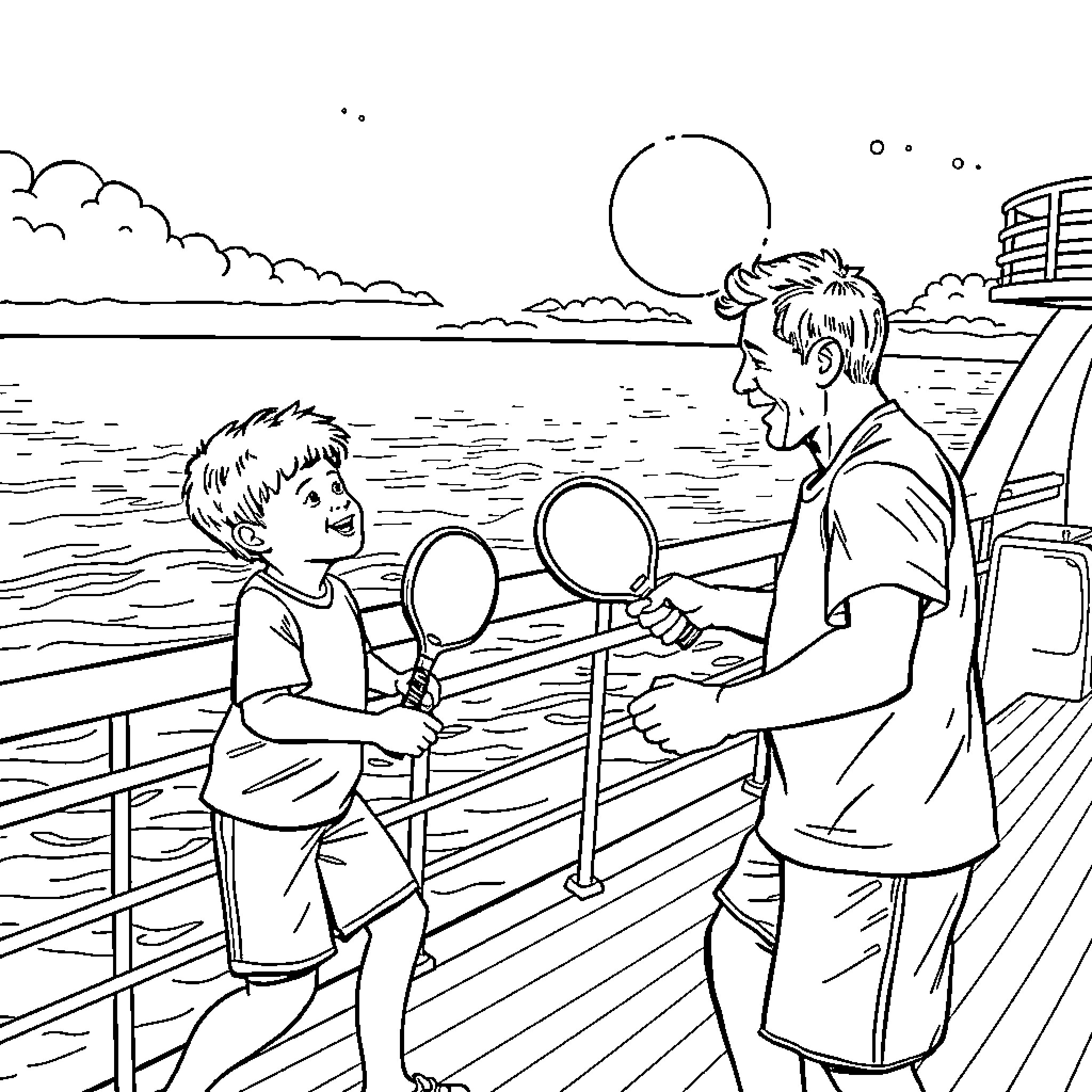Father and Son Sharing a Fishing Adventure Coloring Page (free black-and-white line drawing printable PDF for all, from beginners to advanced learners, including children, teens, adults, and seniors)