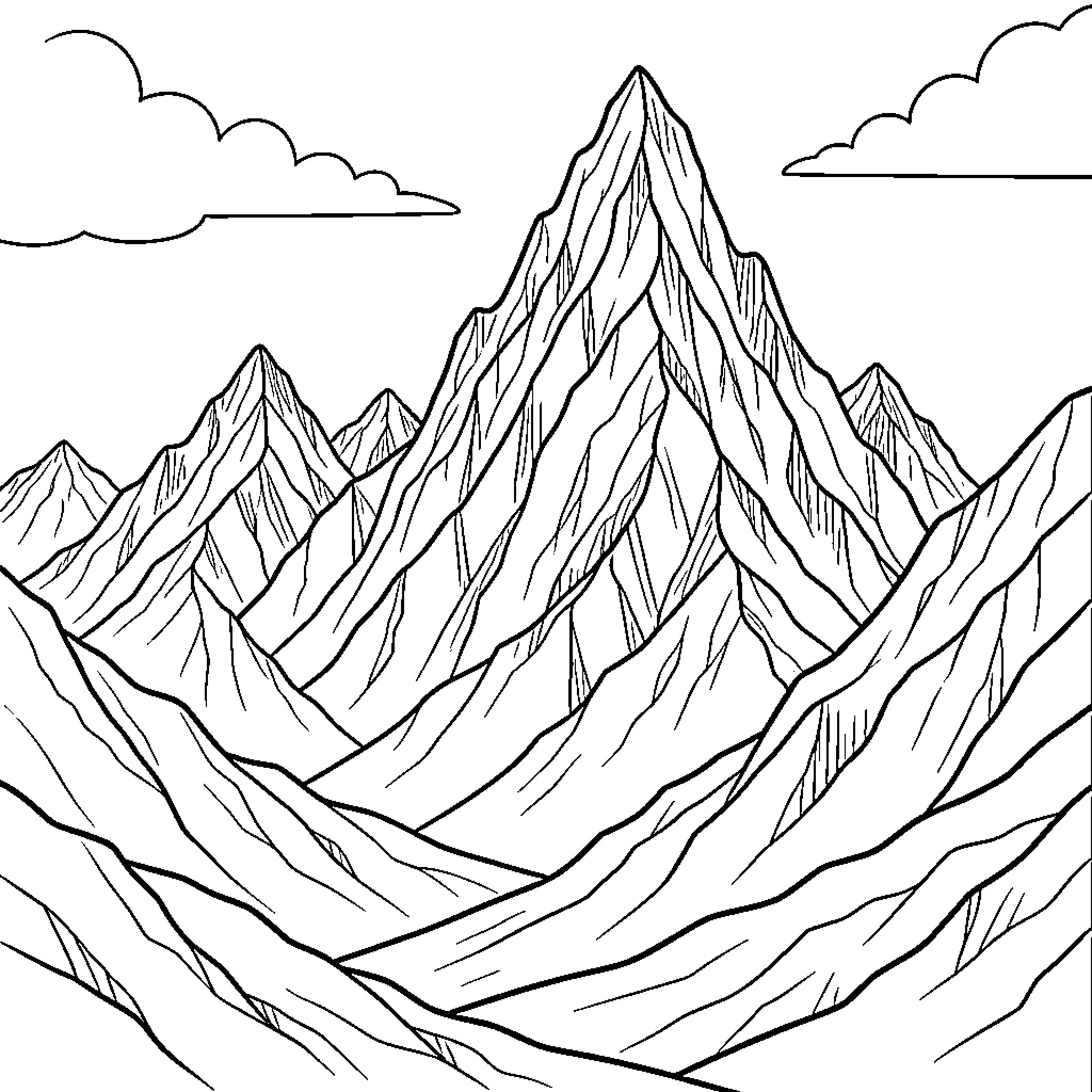 Mountain peaks rising high under fluffy clouds Coloring Page (free black-and-white line drawing printable PDF for all, from beginners to advanced learners, including children, teens, adults, and seniors)