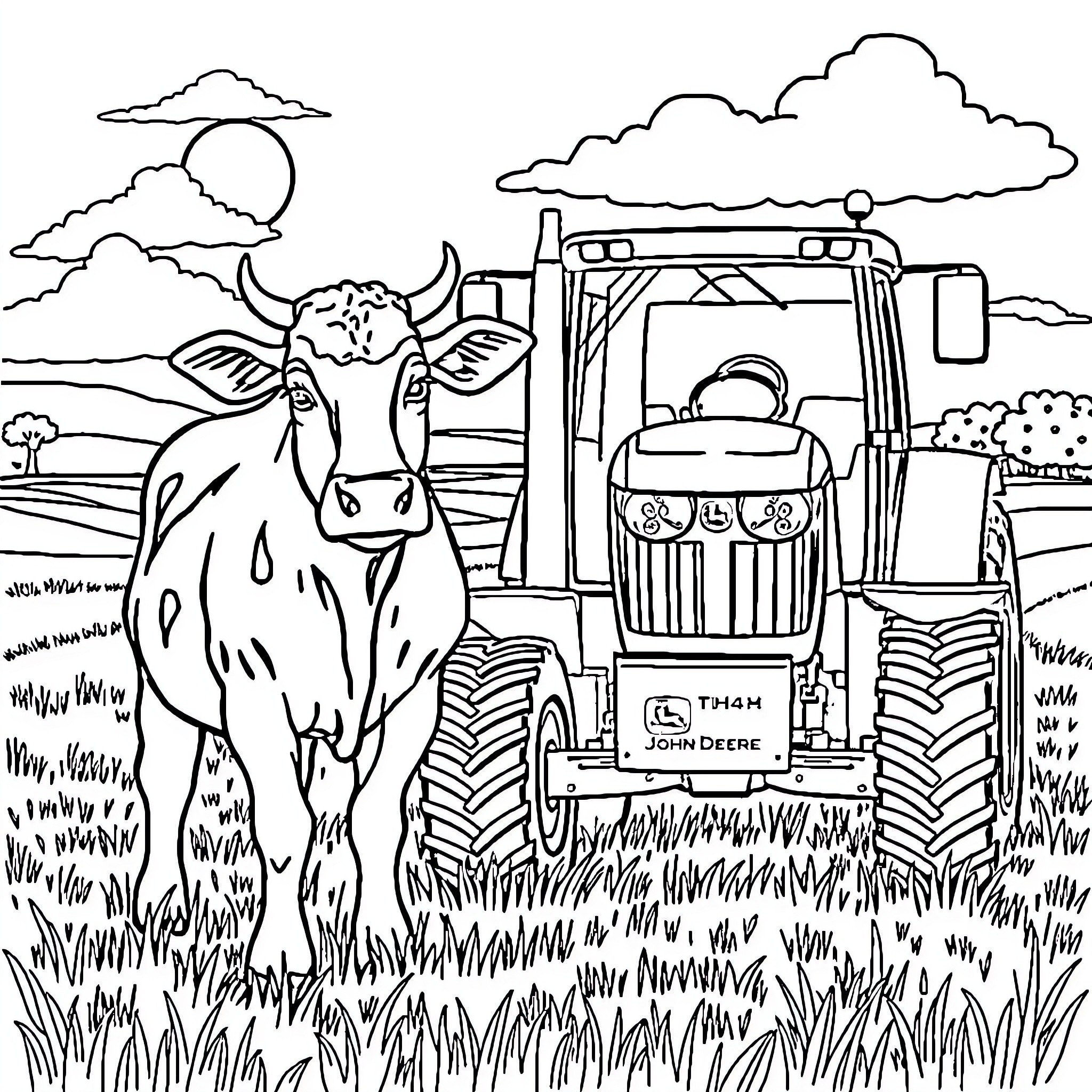Cow standing in a field with a tractor Coloring Page (free black-and-white line drawing printable PDF for all, from beginners to advanced learners, including children, teens, adults, and seniors)