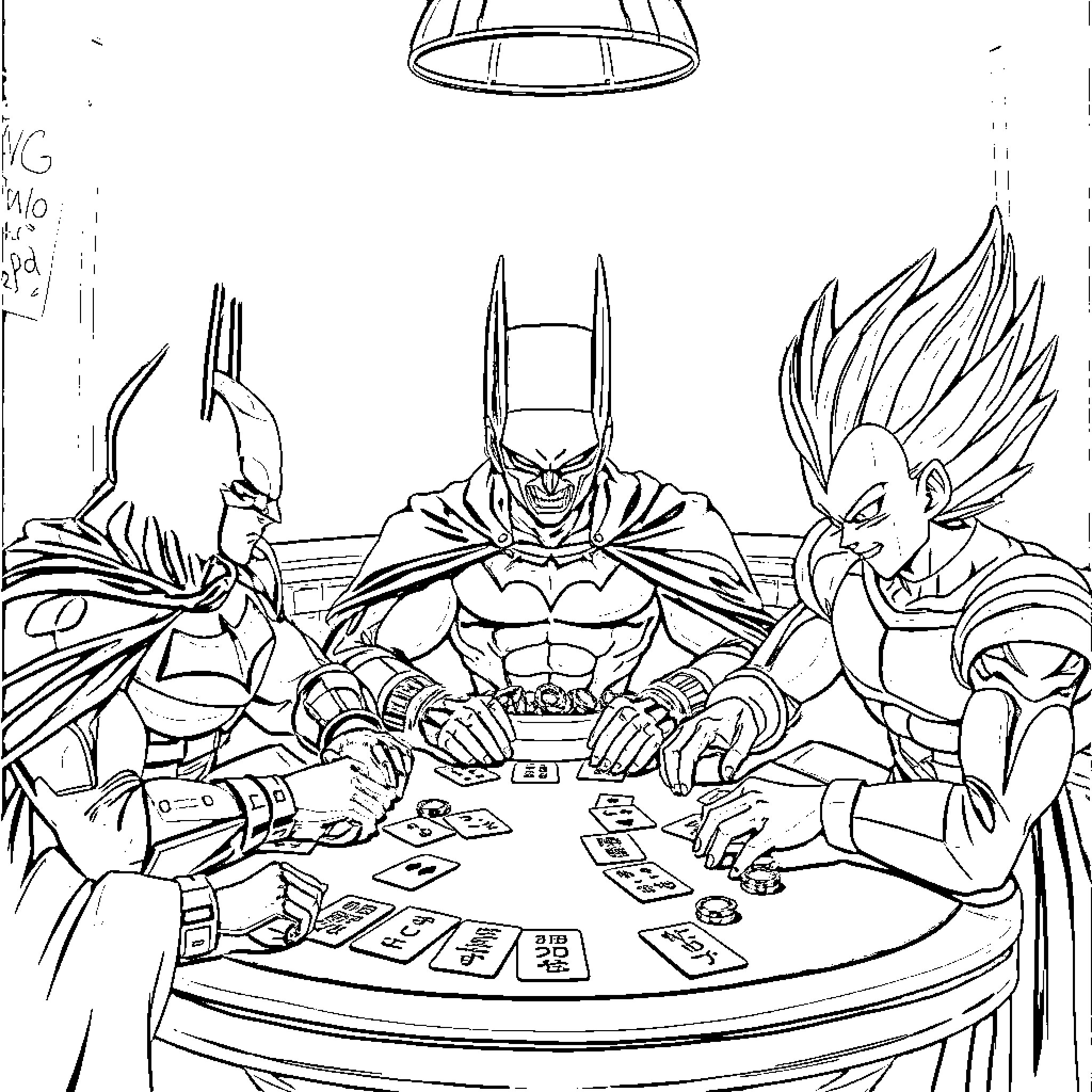 Douma characters playing poker in an intense game Coloring Page (free black-and-white line drawing printable PDF for all, from beginners to advanced learners, including children, teens, adults, and seniors)