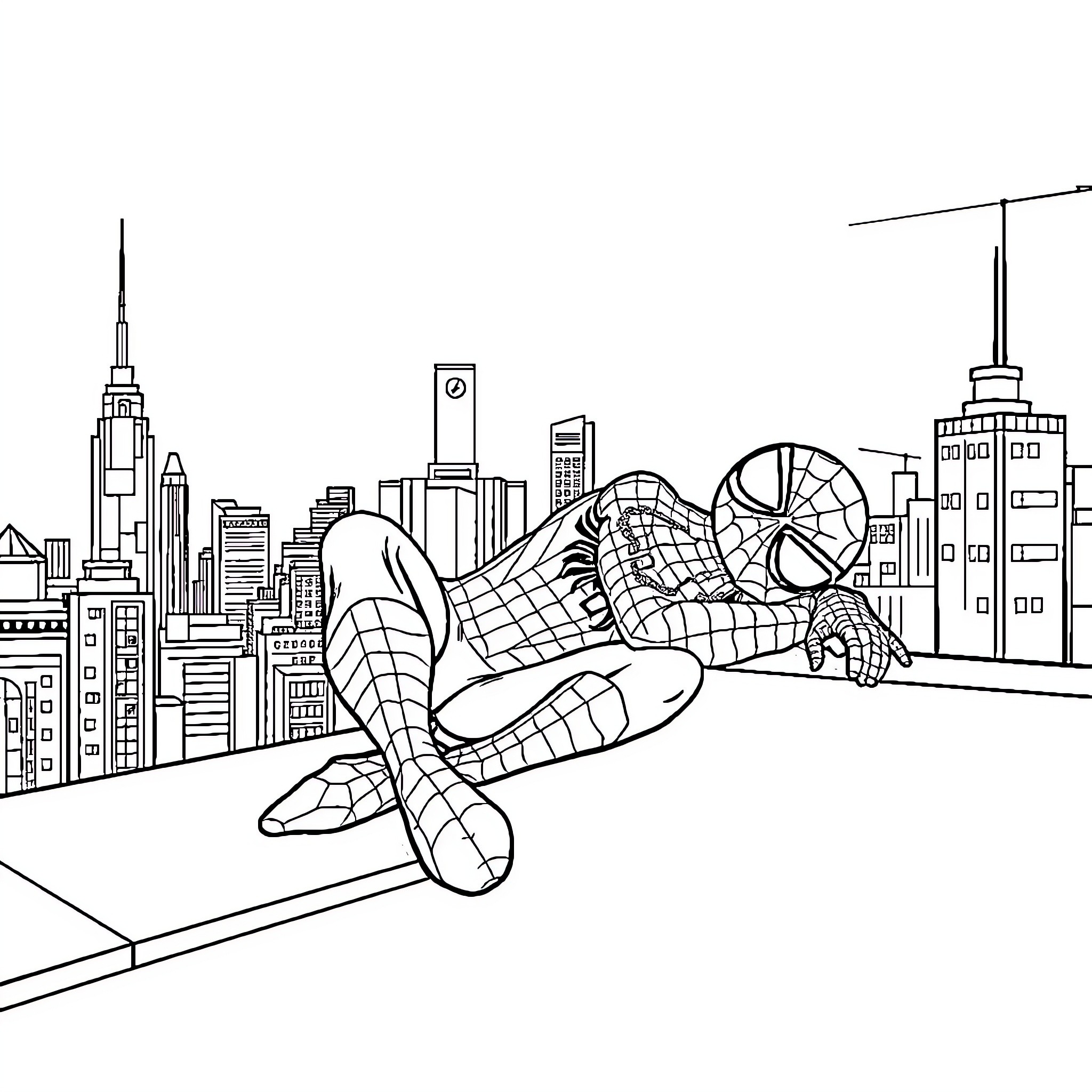 Spiderman swinging across the city skyline Coloring Page (free black-and-white line drawing printable PDF for all, from beginners to advanced learners, including children, teens, adults, and seniors)