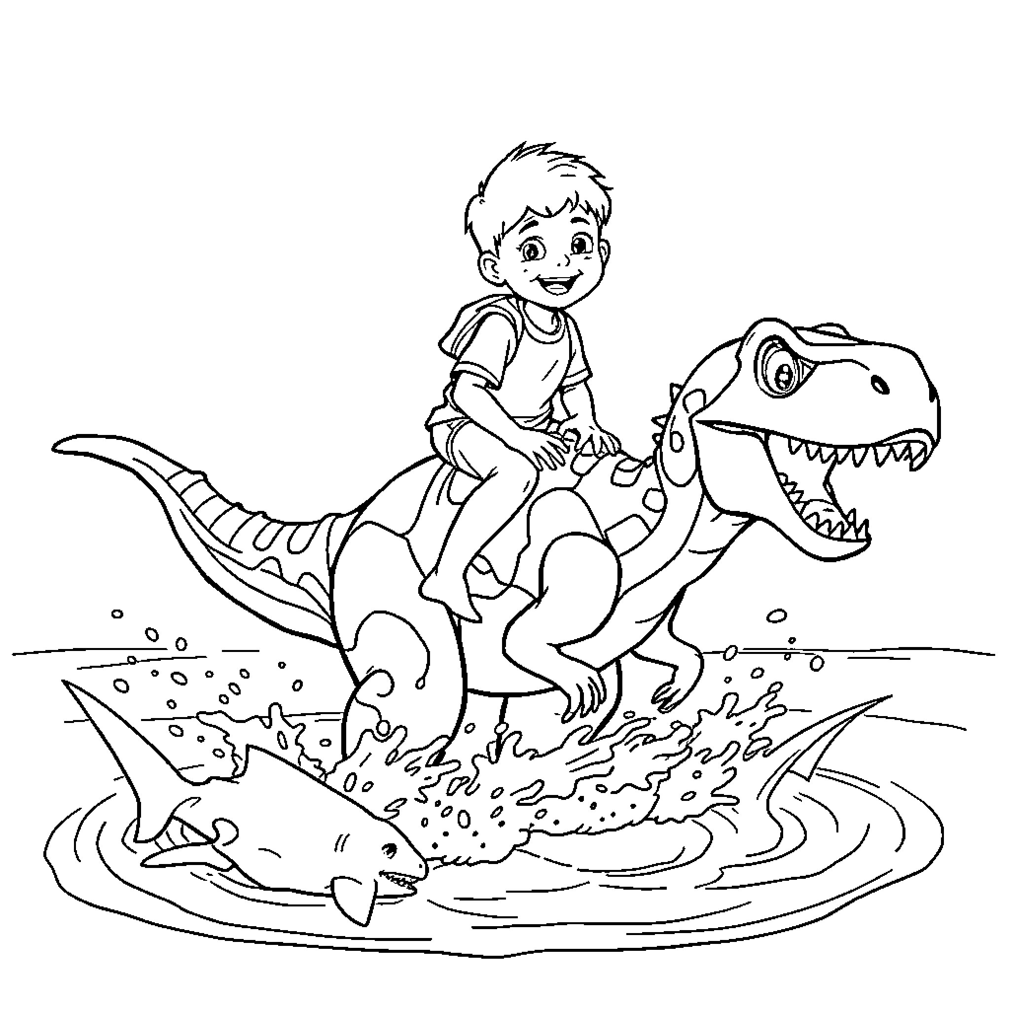 Boy riding a playful dinosaur Coloring Page (free black-and-white line drawing printable PDF for all, from beginners to advanced learners, including children, teens, adults, and seniors)