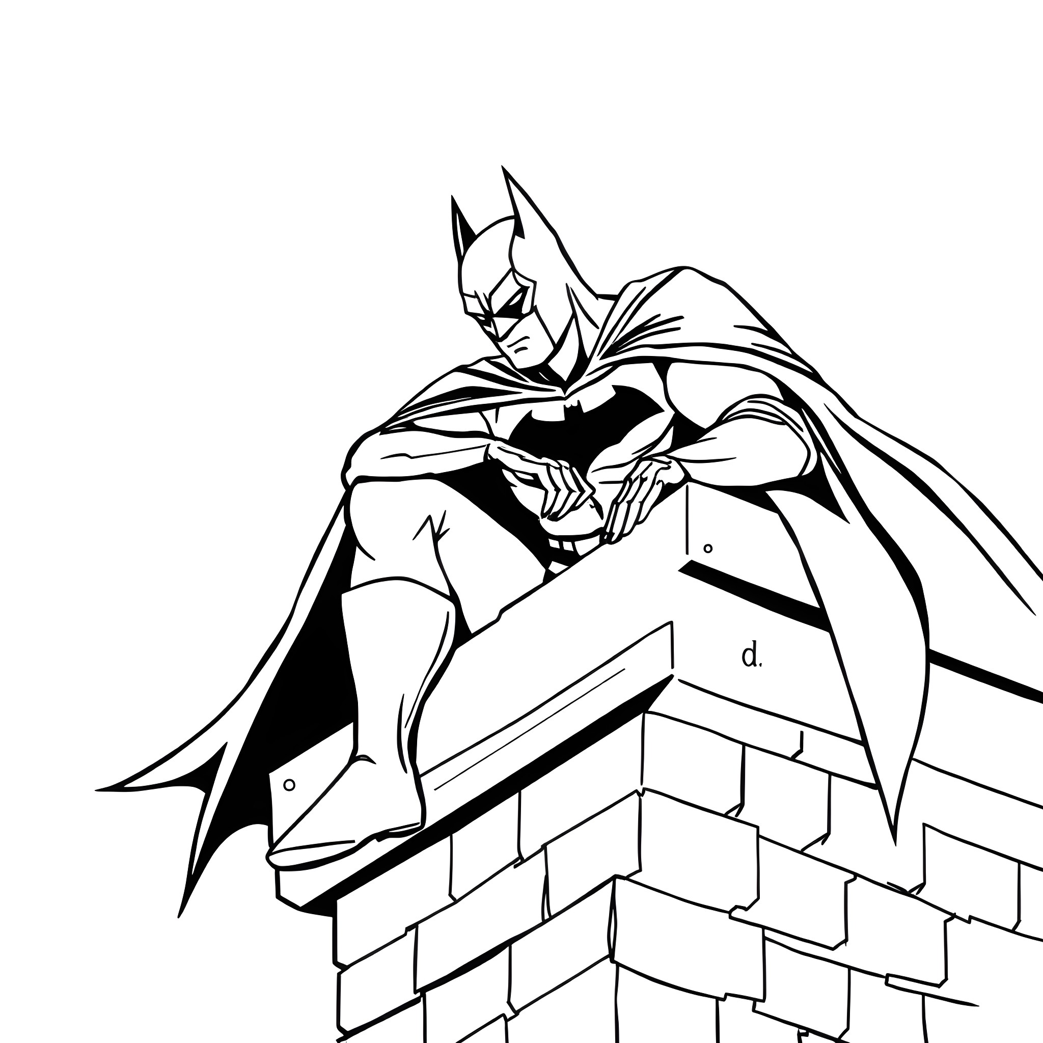 Batman surveying the city from a rooftop Coloring Page (free black-and-white line drawing printable PDF for all, from beginners to advanced learners, including children, teens, adults, and seniors)