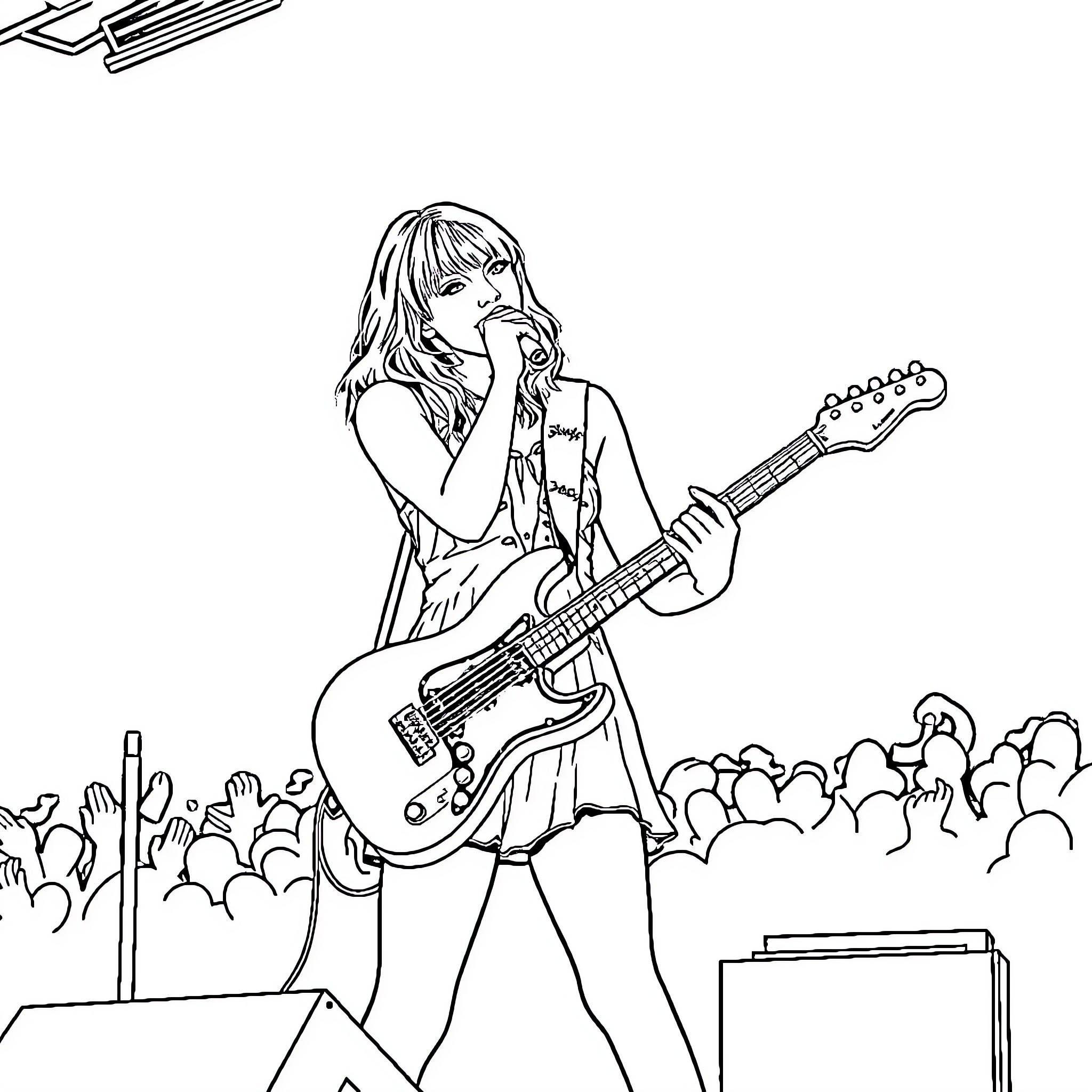 Taylor Swift performing on stage with guitar Coloring Page (free black-and-white line drawing printable PDF for all, from beginners to advanced learners, including children, teens, adults, and seniors)
