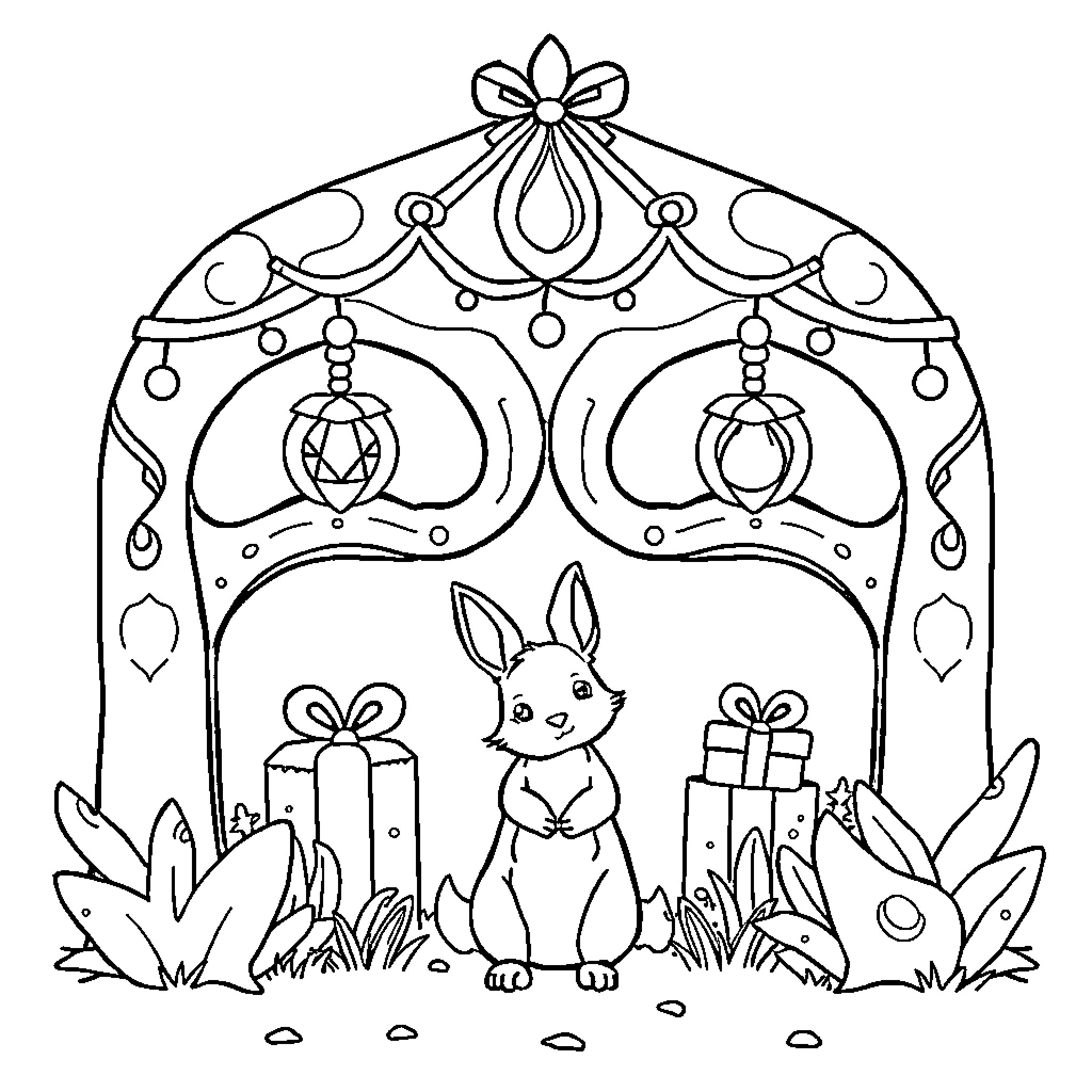 Conejo's Decorative Gazebo with Gifts and Nature Coloring Page (free black-and-white line drawing printable PDF for all, from beginners to advanced learners, including children, teens, adults, and seniors)