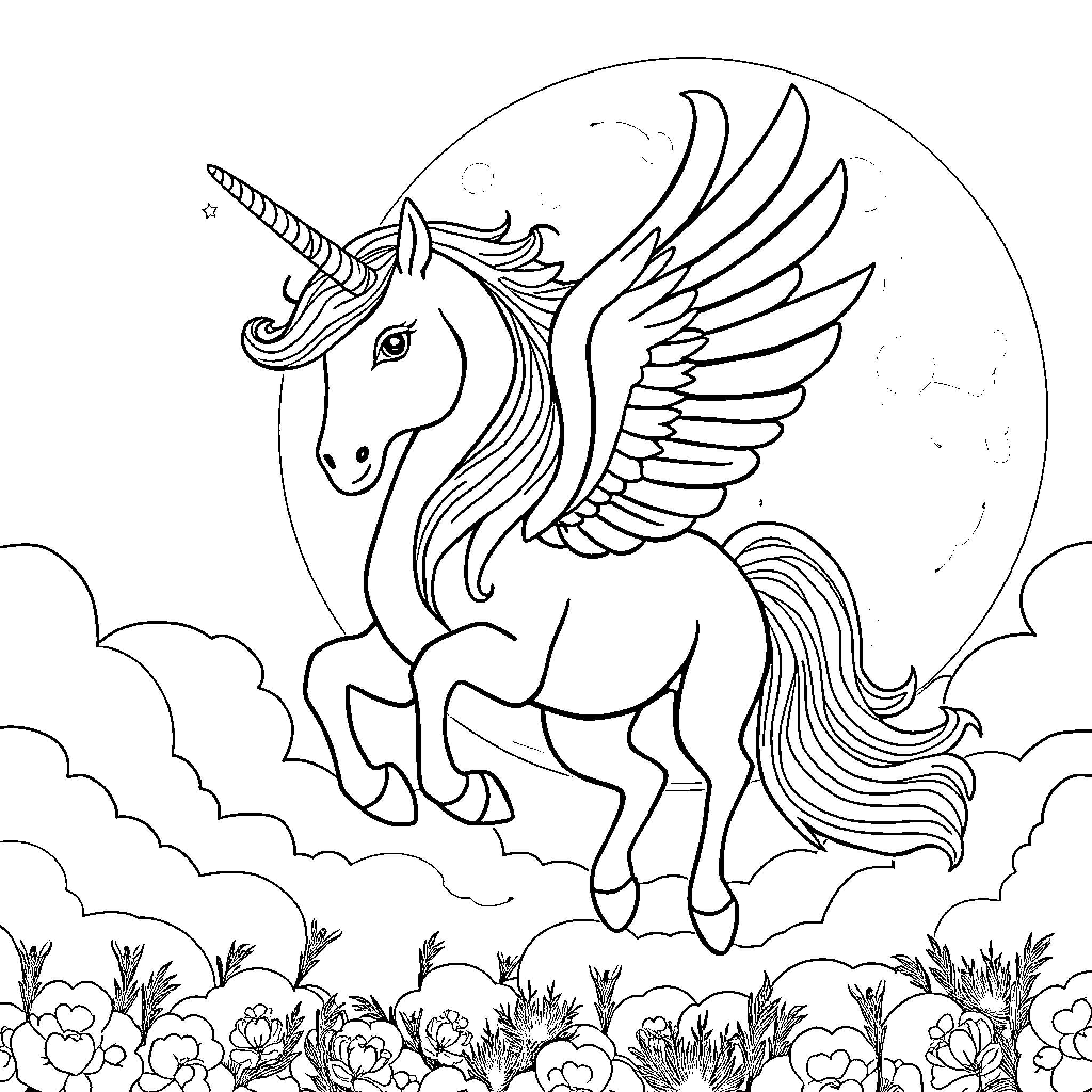 Unicorn soaring gracefully against the moonlit sky Coloring Page (free black-and-white line drawing printable PDF for all, from beginners to advanced learners, including children, teens, adults, and seniors)