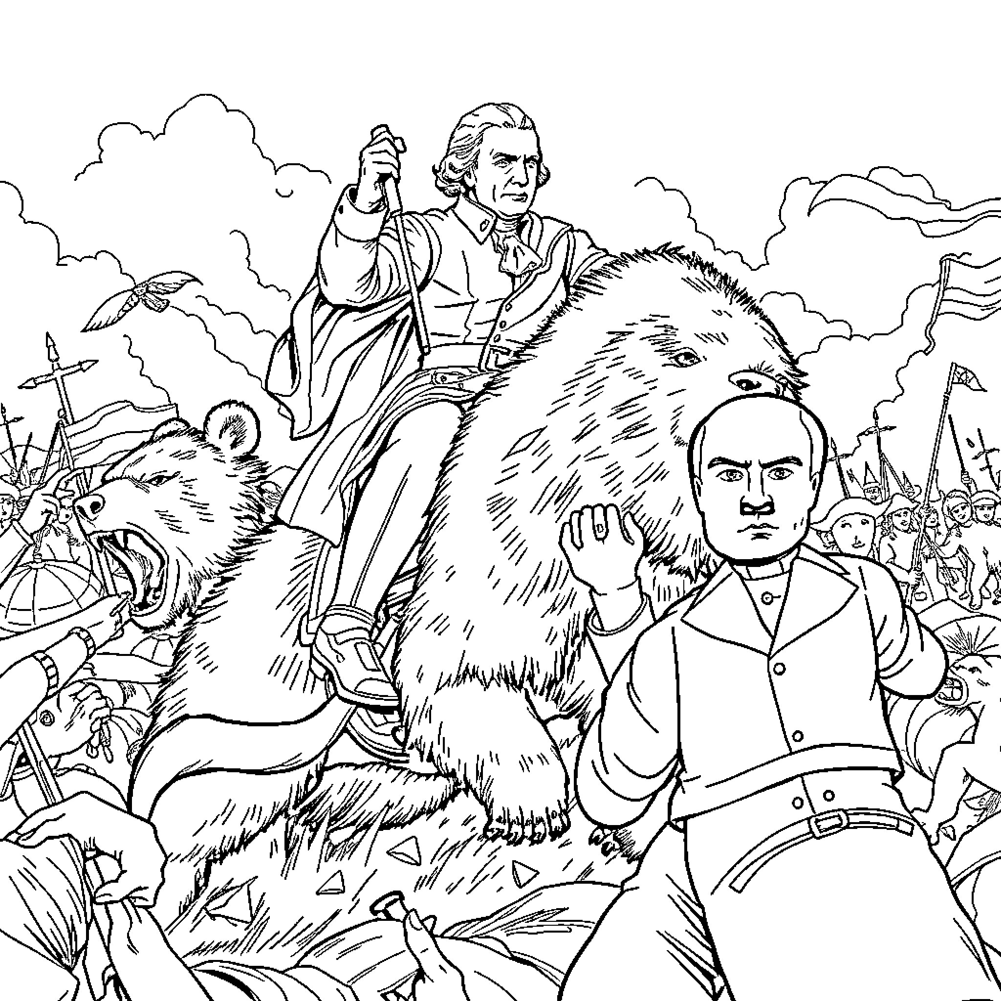 George Washington Leading Revolutionary Army on Horseback Coloring Page (free black-and-white line drawing printable PDF for all, from beginners to advanced learners, including children, teens, adults, and seniors)