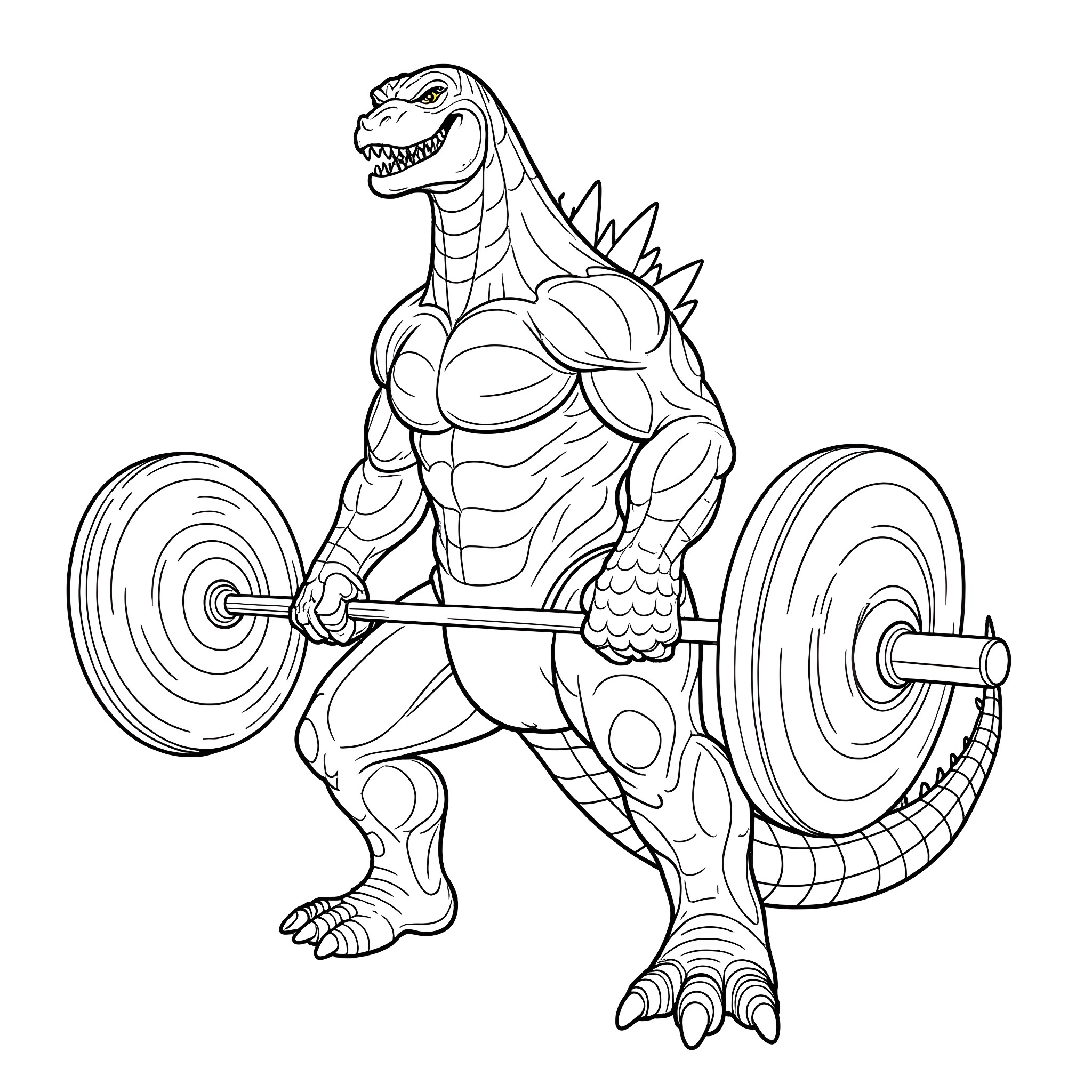 Godzilla lifting heavy weights in the gym Coloring Page (free black-and-white line drawing printable PDF for all, from beginners to advanced learners, including children, teens, adults, and seniors)