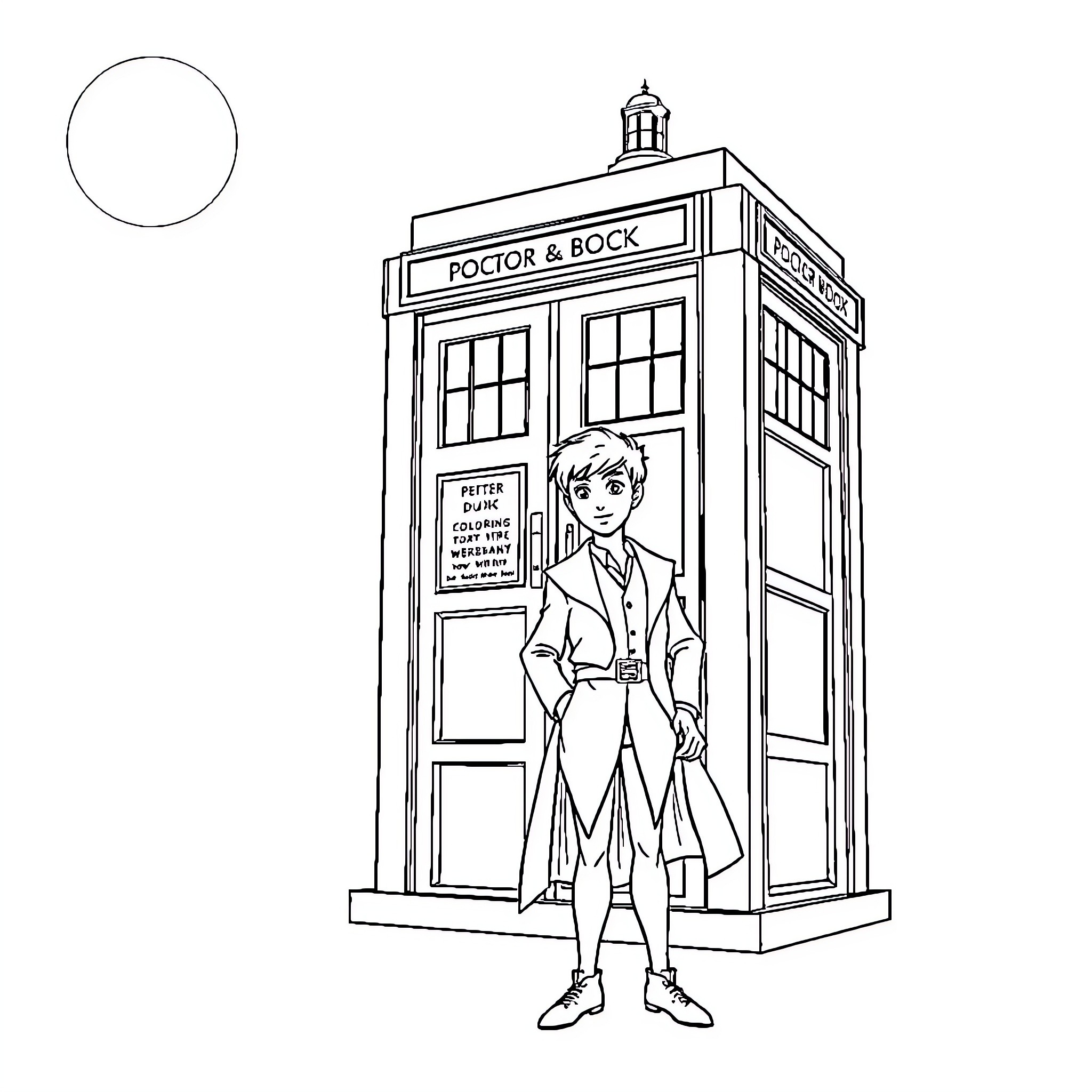Peter Pan stands outside a police box Coloring Page (free black-and-white line drawing printable PDF for all, from beginners to advanced learners, including children, teens, adults, and seniors)