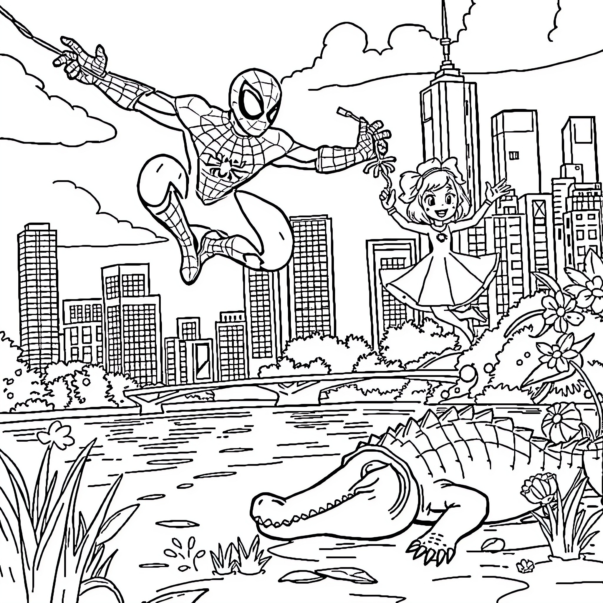 Spiderman swinging through the city with a girl Coloring Page (free black-and-white line drawing printable PDF for all, from beginners to advanced learners, including children, teens, adults, and seniors)