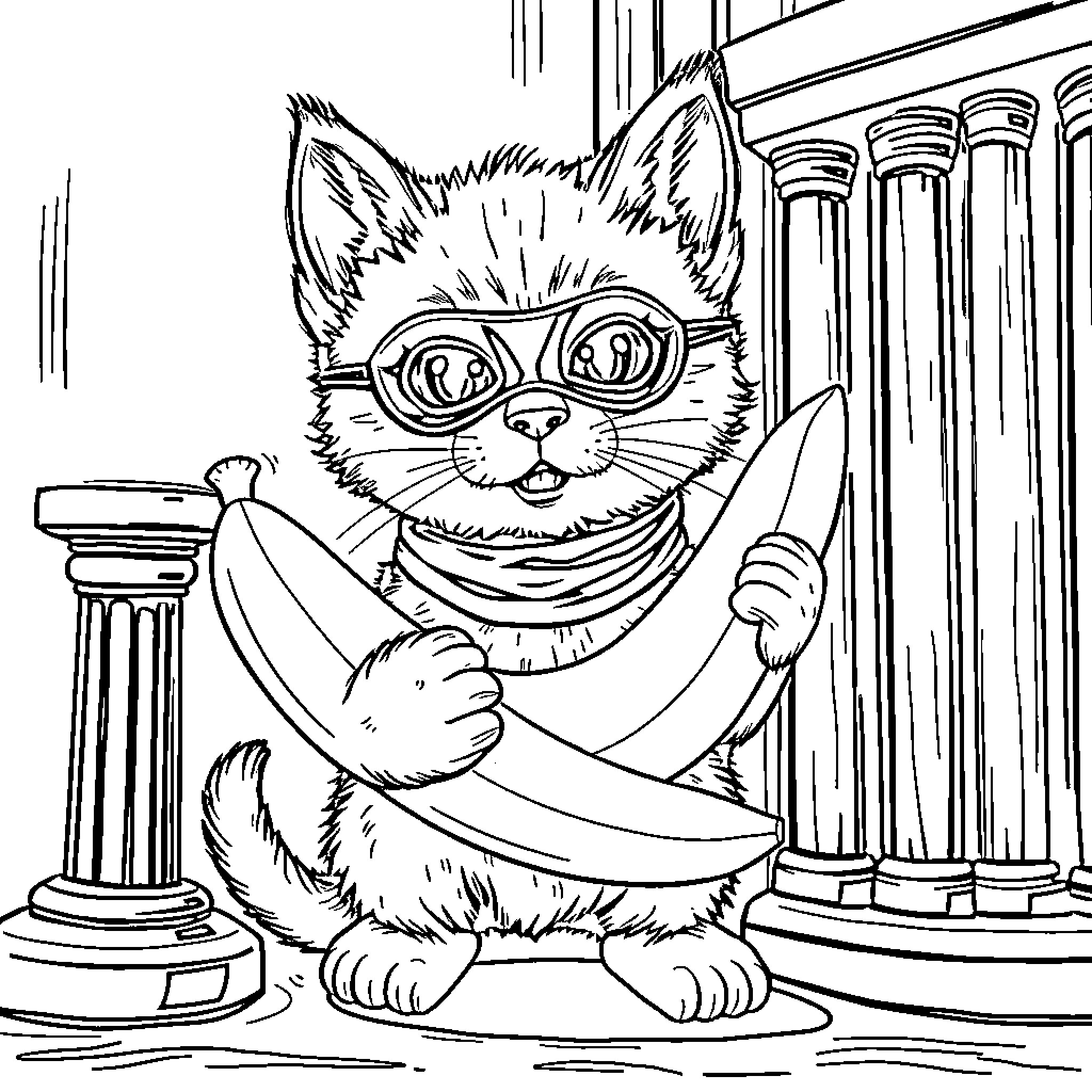 Kitten Exploring a Mysterious Library Coloring Page (free black-and-white line drawing printable PDF for all, from beginners to advanced learners, including children, teens, adults, and seniors)