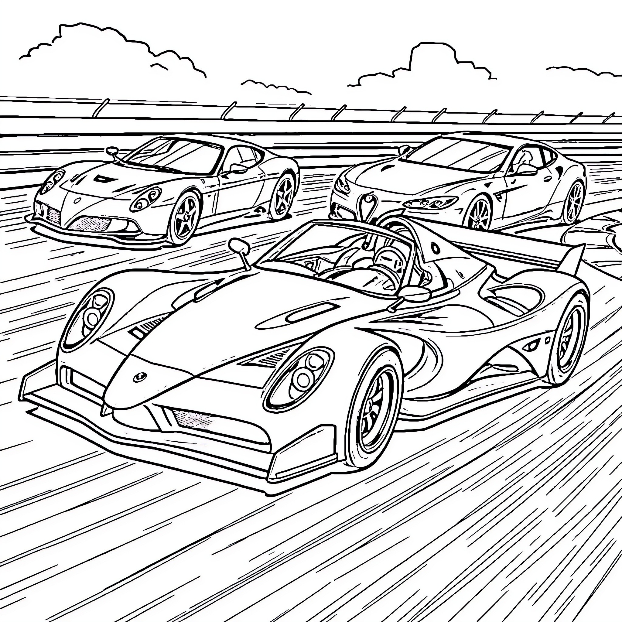 Formula One Racers Speeding Through the Track Coloring Page (free black-and-white line drawing printable PDF for all, from beginners to advanced learners, including children, teens, adults, and seniors)