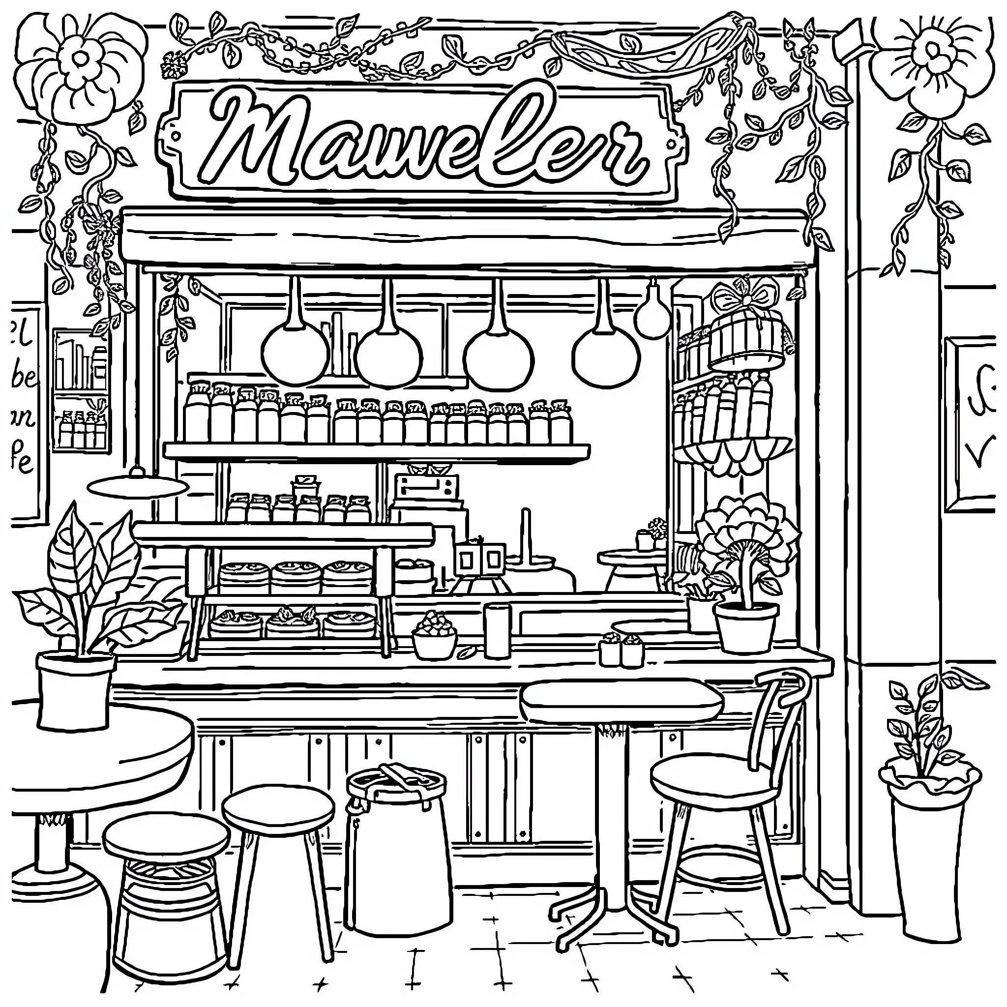 Pastry shop with ornate decor and kitchen display Coloring Page (free black-and-white line drawing printable PDF for all, from beginners to advanced learners, including children, teens, adults, and seniors)