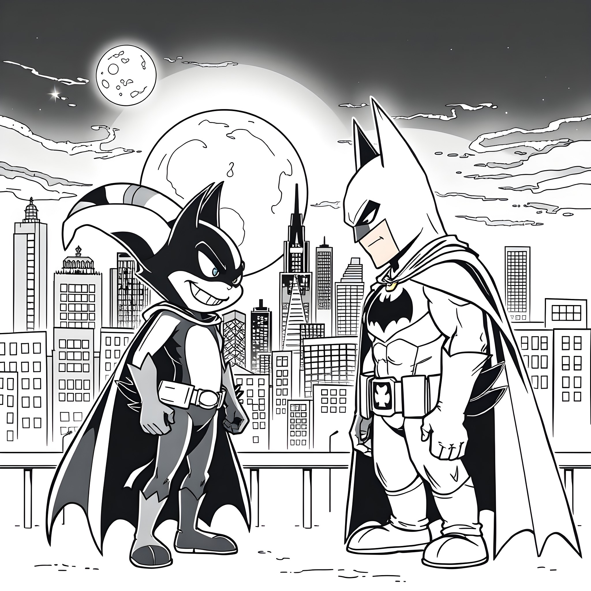 Sprunki Superheroes Defend the City at Night Coloring Page (free black-and-white line drawing printable PDF for all, from beginners to advanced learners, including children, teens, adults, and seniors)