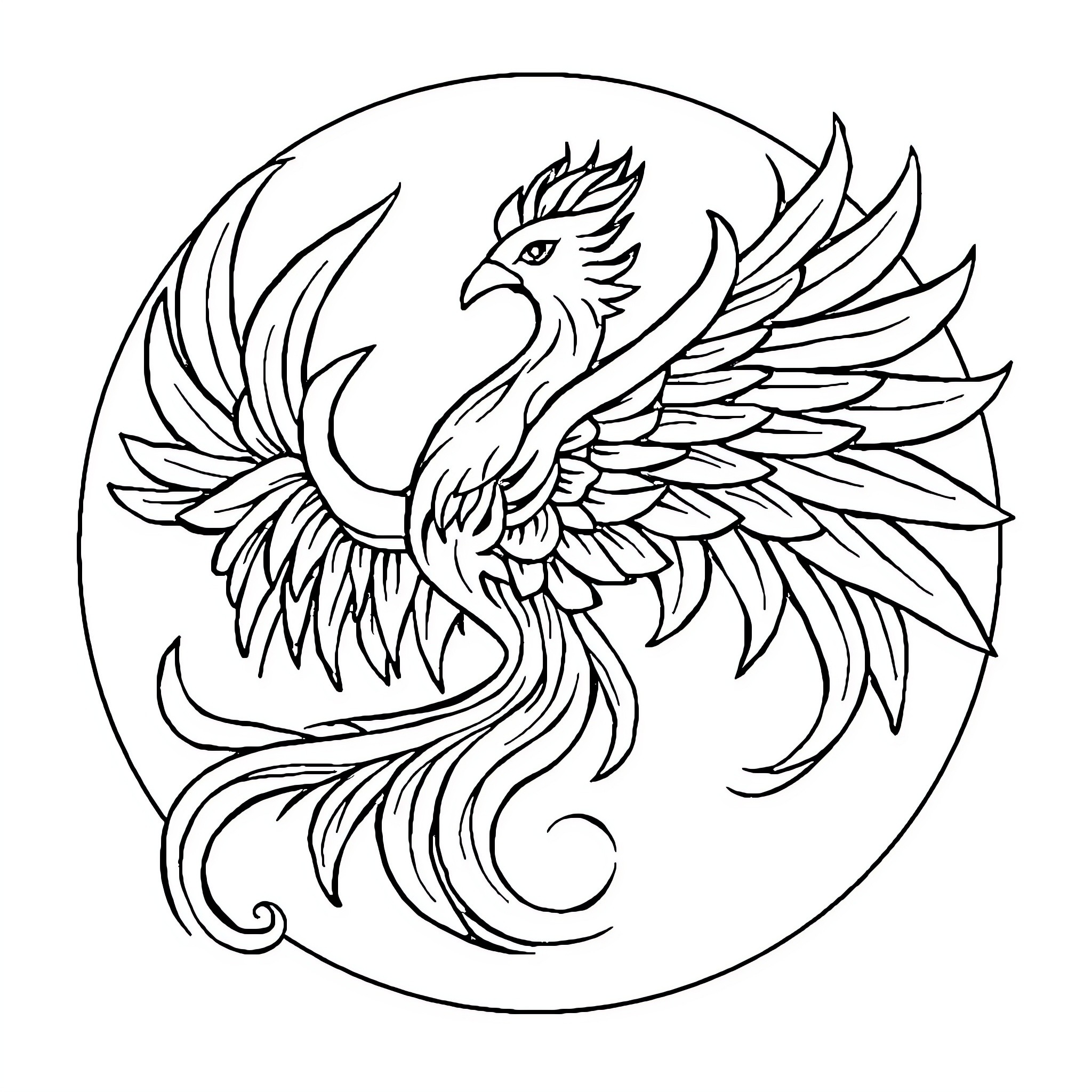 Phoenix soaring in majestic wings Coloring Page (free black-and-white line drawing printable PDF for all, from beginners to advanced learners, including children, teens, adults, and seniors)