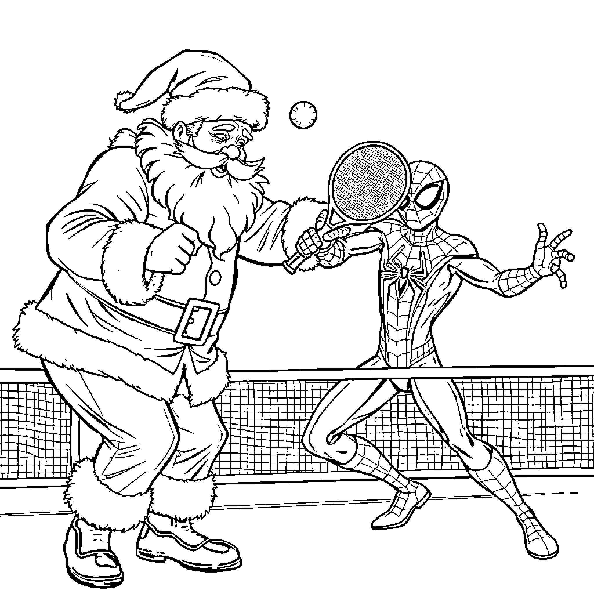 Santa Claus playing tennis with Spiderman Coloring Page (free black-and-white line drawing printable PDF for all, from beginners to advanced learners, including children, teens, adults, and seniors)