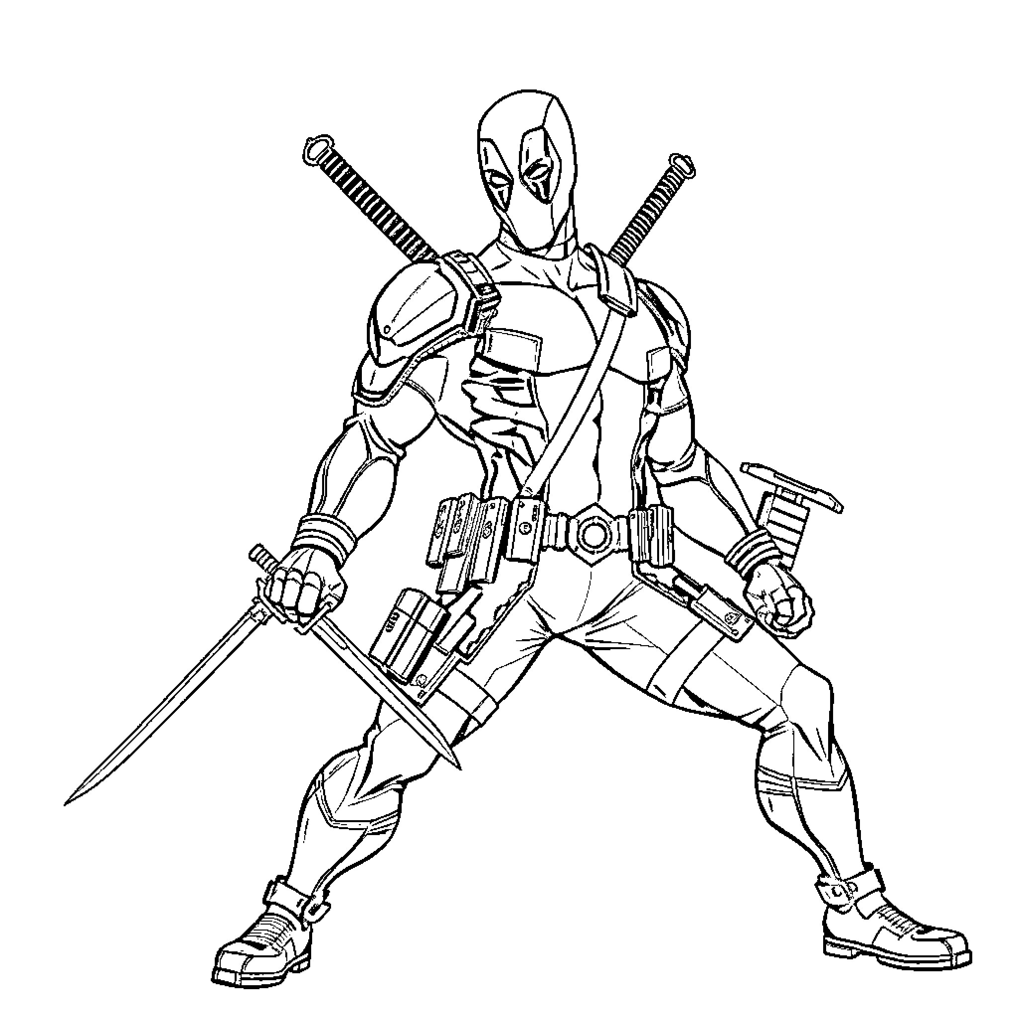 Deadpool Wielding Swords in Combat Stance Coloring Page (free black-and-white line drawing printable PDF for all, from beginners to advanced learners, including children, teens, adults, and seniors)