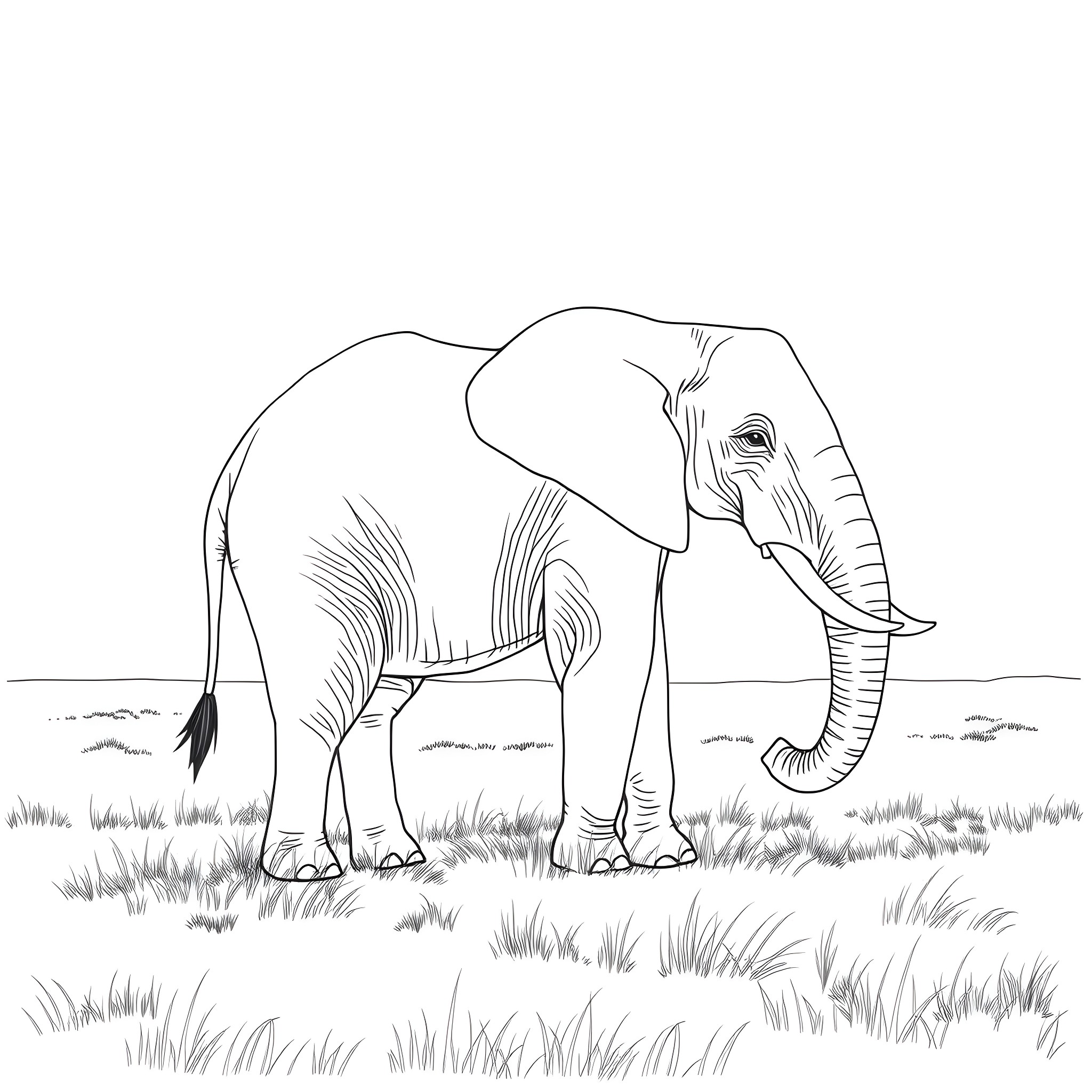 Elephant standing in grassy field Coloring Page (free black-and-white line drawing printable PDF for all, from beginners to advanced learners, including children, teens, adults, and seniors)