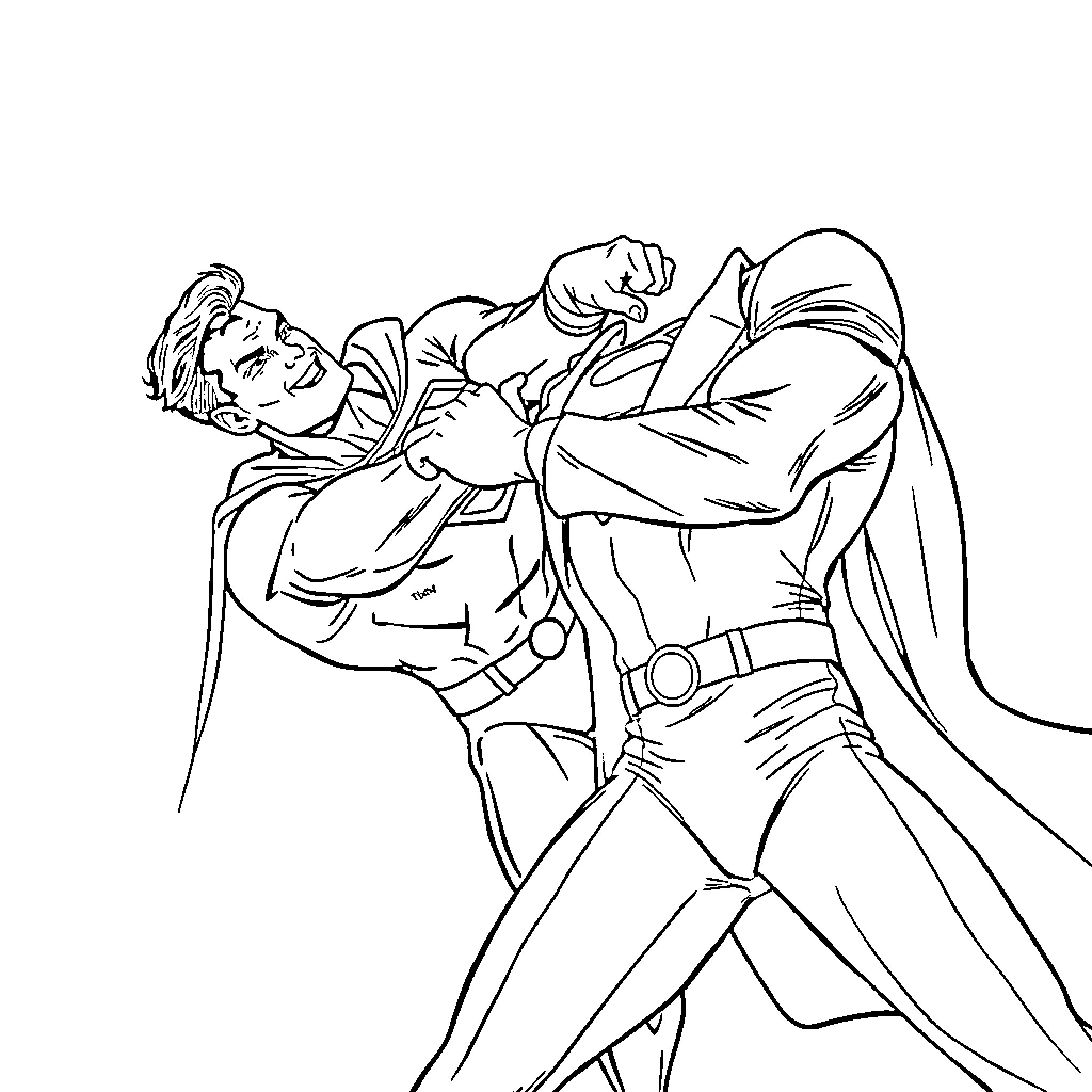 Superman confronting a foe in an intense battle Coloring Page (free black-and-white line drawing printable PDF for all, from beginners to advanced learners, including children, teens, adults, and seniors)