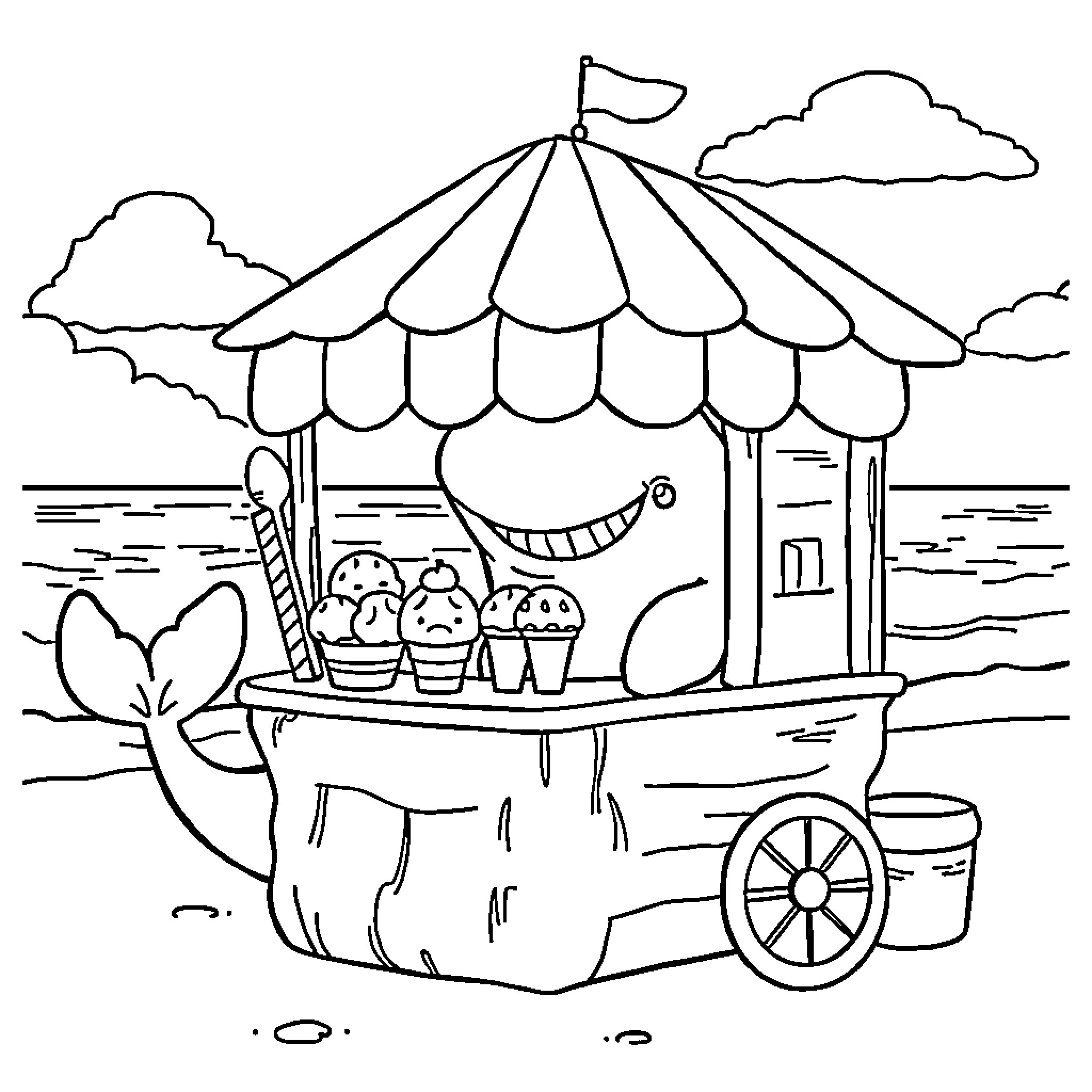 Whale-shaped food cart selling treats by the shore Coloring Page (free black-and-white line drawing printable PDF for all, from beginners to advanced learners, including children, teens, adults, and seniors)