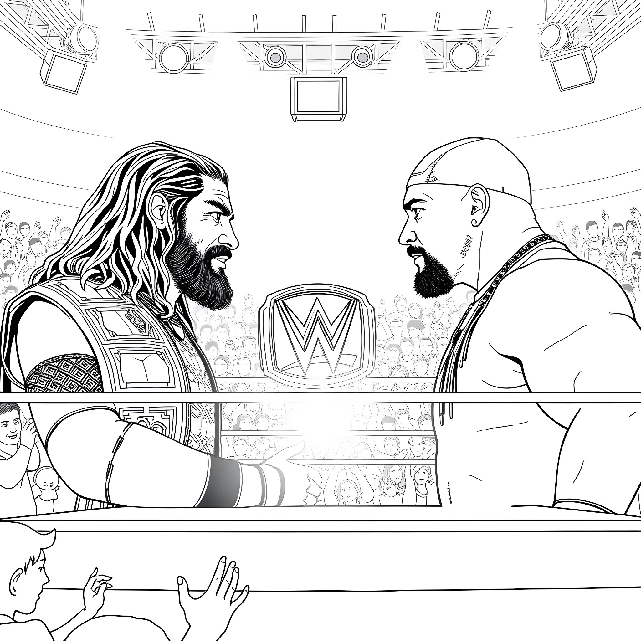 Roman Reigns confronted by a mysterious opponent in the ring Coloring Page (free black-and-white line drawing printable PDF for all, from beginners to advanced learners, including children, teens, adults, and seniors)