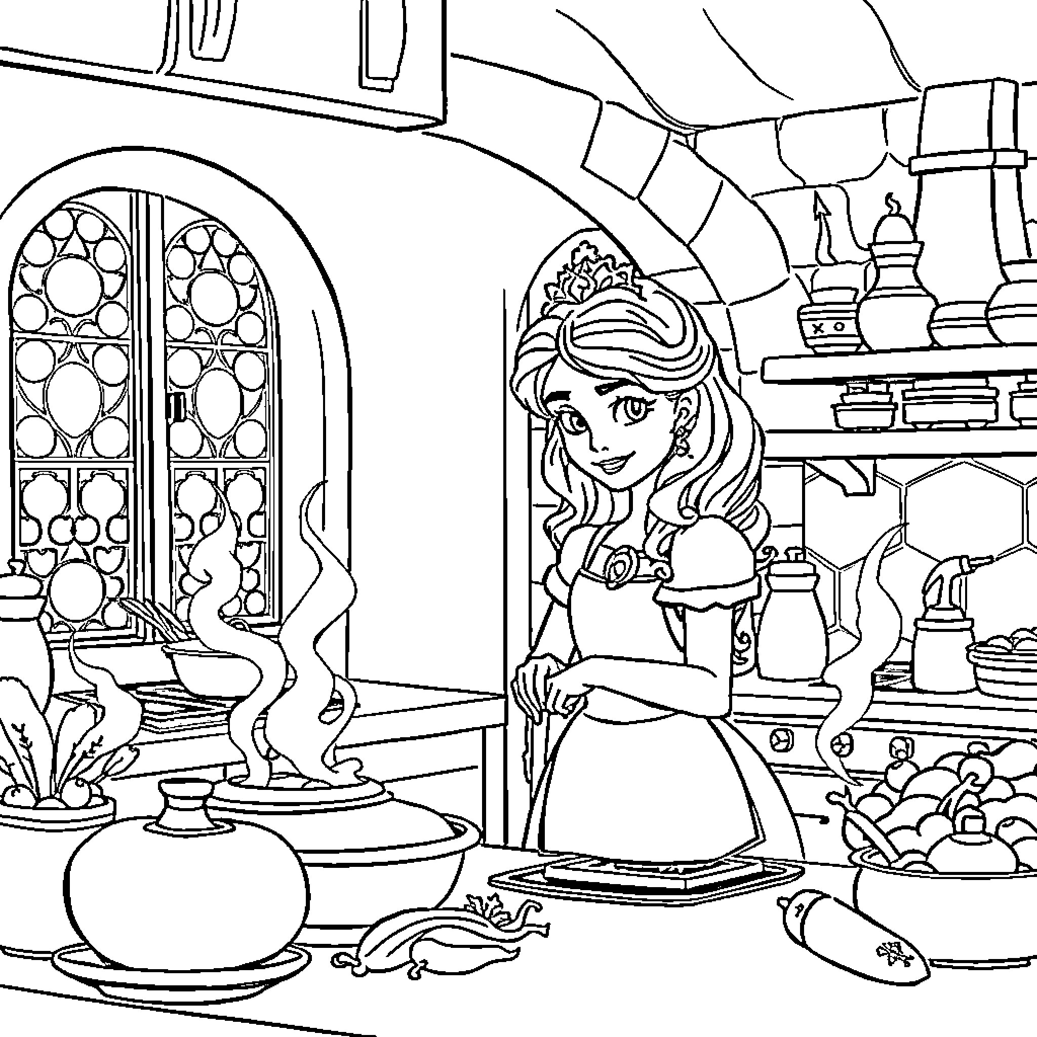 Princess in the Royal Kitchen Coloring Page (free black-and-white line drawing printable PDF for all, from beginners to advanced learners, including children, teens, adults, and seniors)