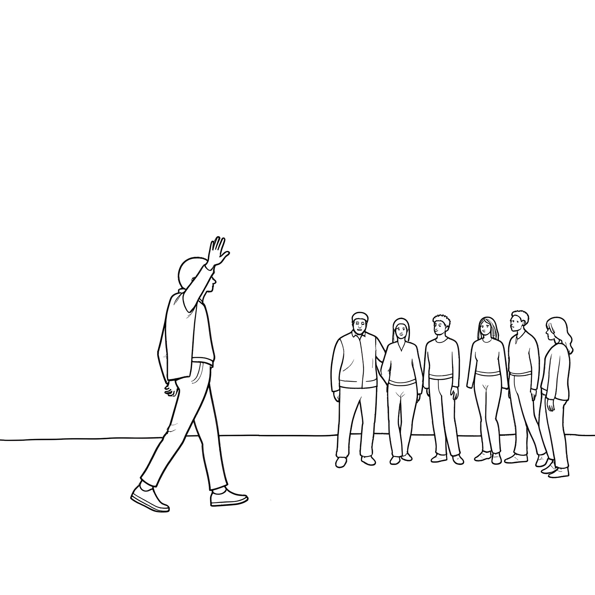 Person waving at a group of people Coloring Page (free black-and-white line drawing printable PDF for all, from beginners to advanced learners, including children, teens, adults, and seniors)