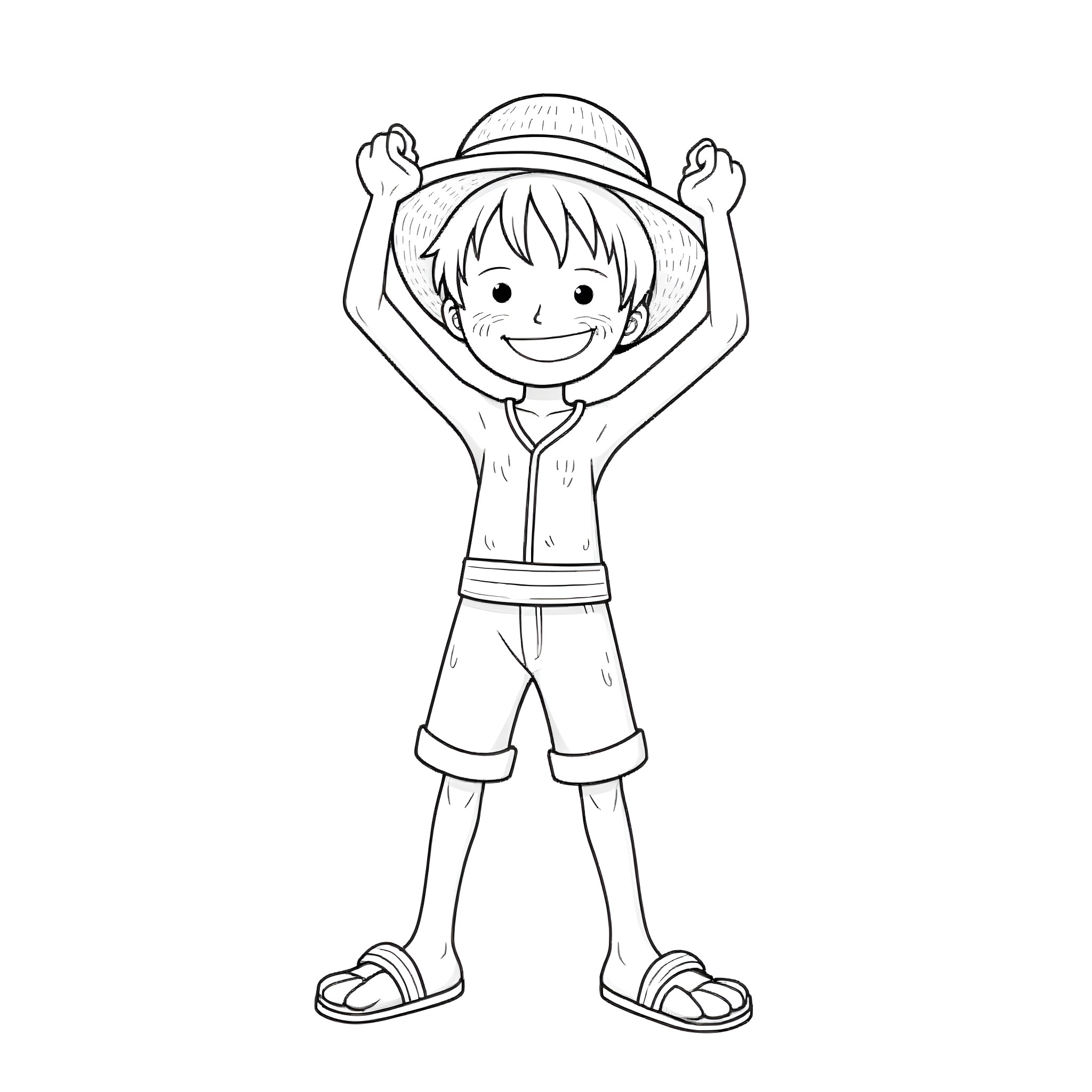 Luffy Stretching His Arms Joyfully Coloring Page (free black-and-white line drawing printable PDF for all, from beginners to advanced learners, including children, teens, adults, and seniors)