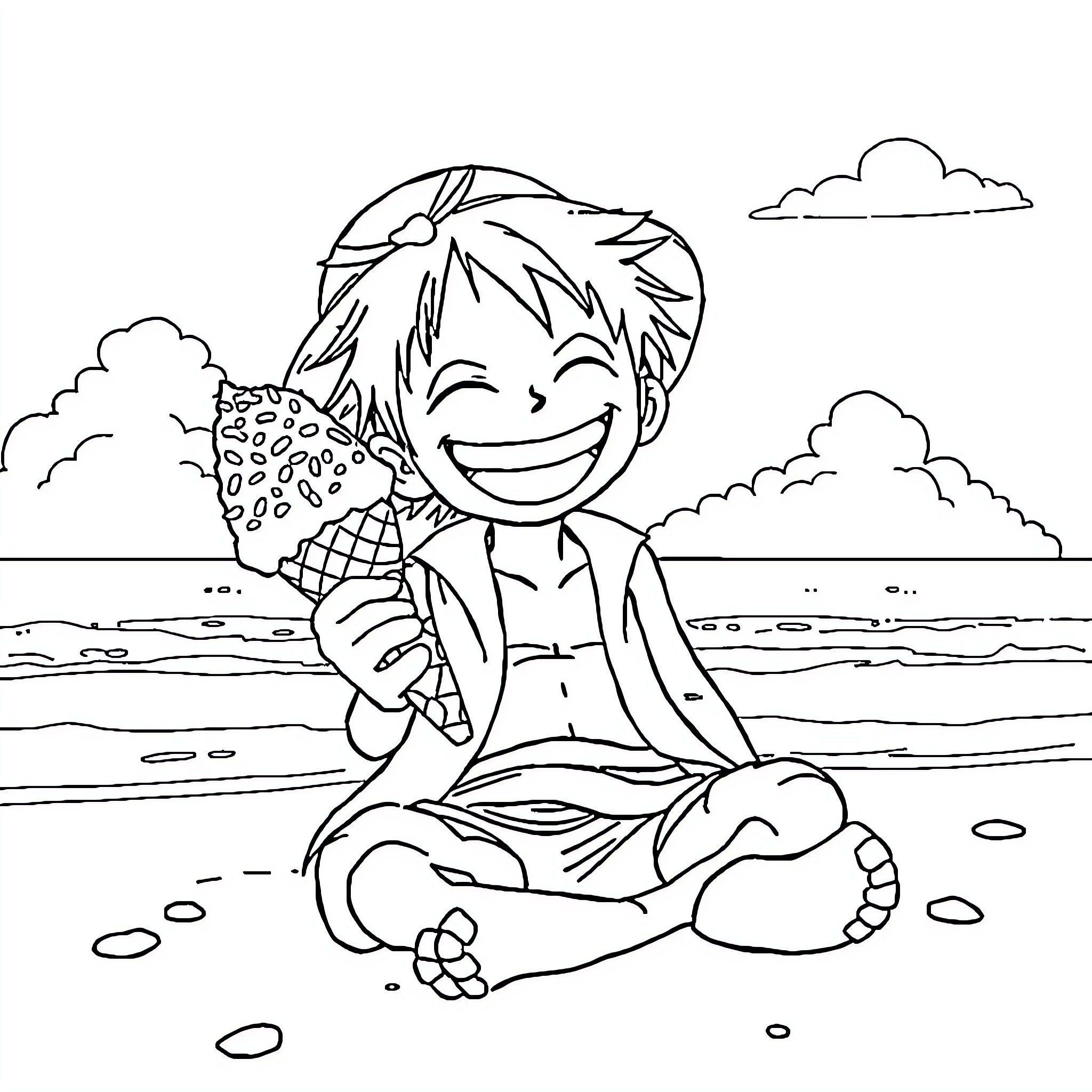Luffy enjoying the beach with a joyful expression Coloring Page (free black-and-white line drawing printable PDF for all, from beginners to advanced learners, including children, teens, adults, and seniors)
